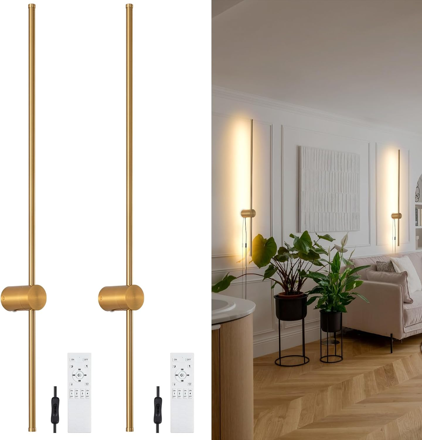 Dimmable Plug in Wall Sconce Set of 2, Gold 39.37