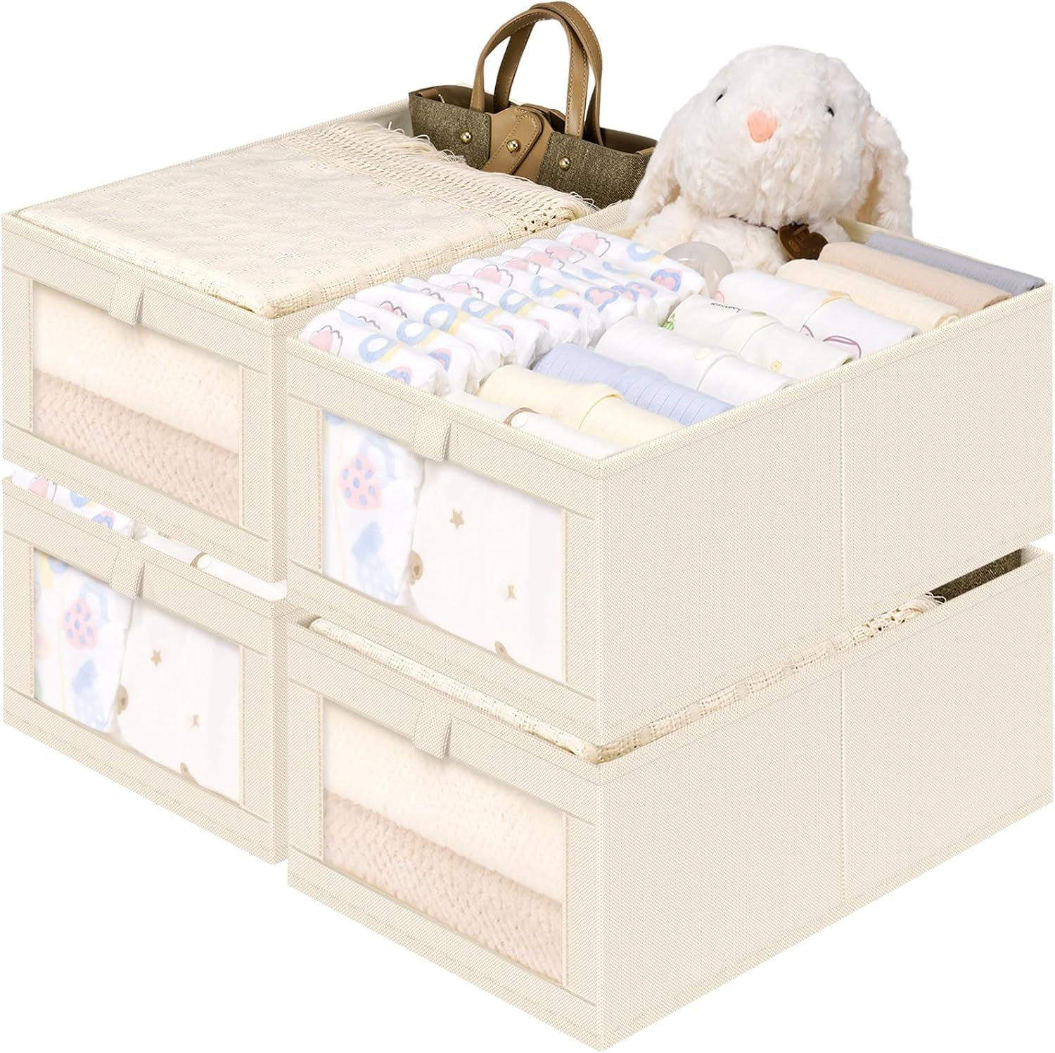 4 Pack Linen Closet Storage Baskets Foldable Organizer with Mesh Window Beige