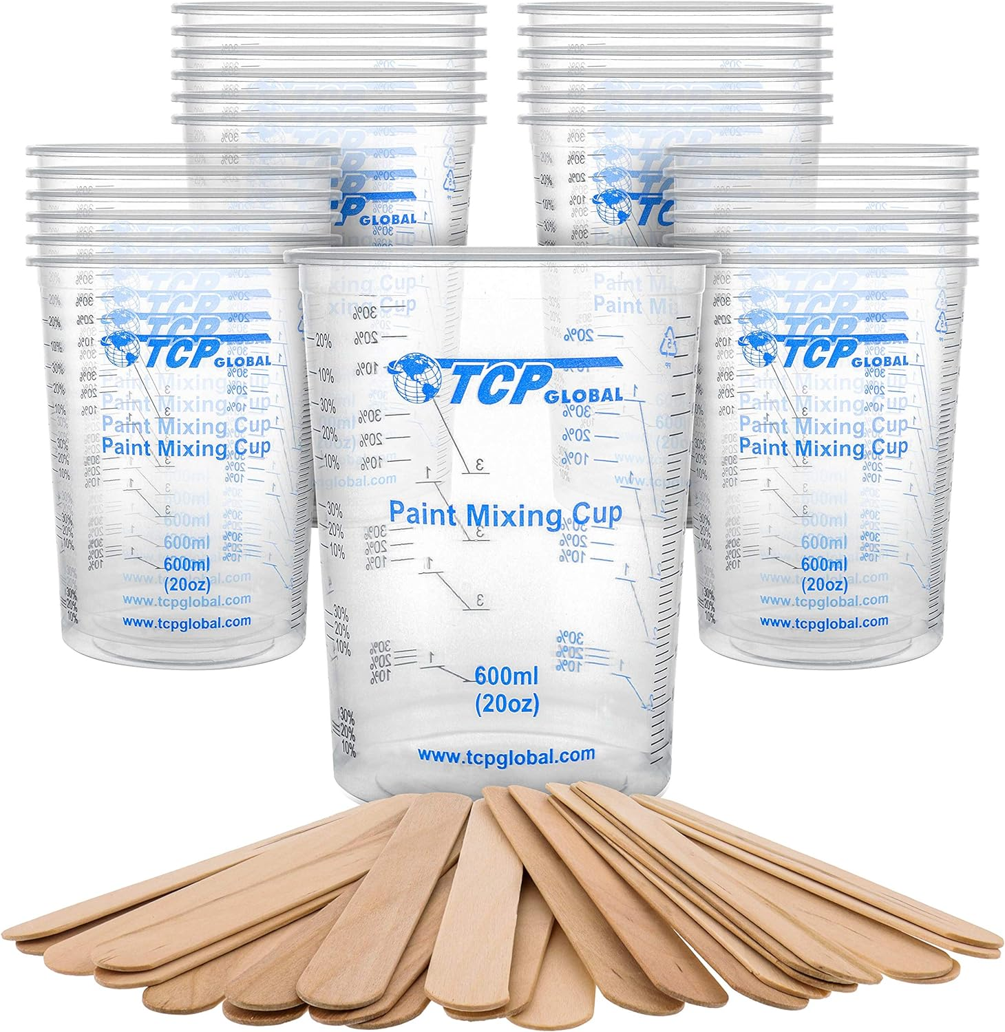 20 Oz. (600Ml) Graduated Plastic Mixing Cups - Box of 25 with 25 Mixing Sticks - Disposable Plastic Measuring Cups for Liquids, Paints, Resin, Epoxy, Art, Kitchen - Ratios 2-1, 3-1, 4-1 ML