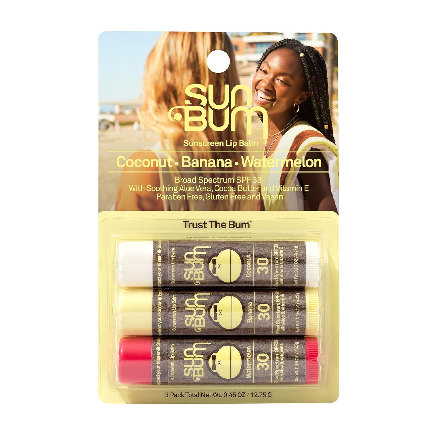 Sun Bum SPF 30 Sunscreen Lip Balm 3 Flavor Variety Pack - Coconut, Banana, Watermelon - Moisturizing Aloe Vera and Vitamin E - Vegan and Cruelty Free - UVA/UVB Lip Protection - 0.15 Oz , 3 Ct