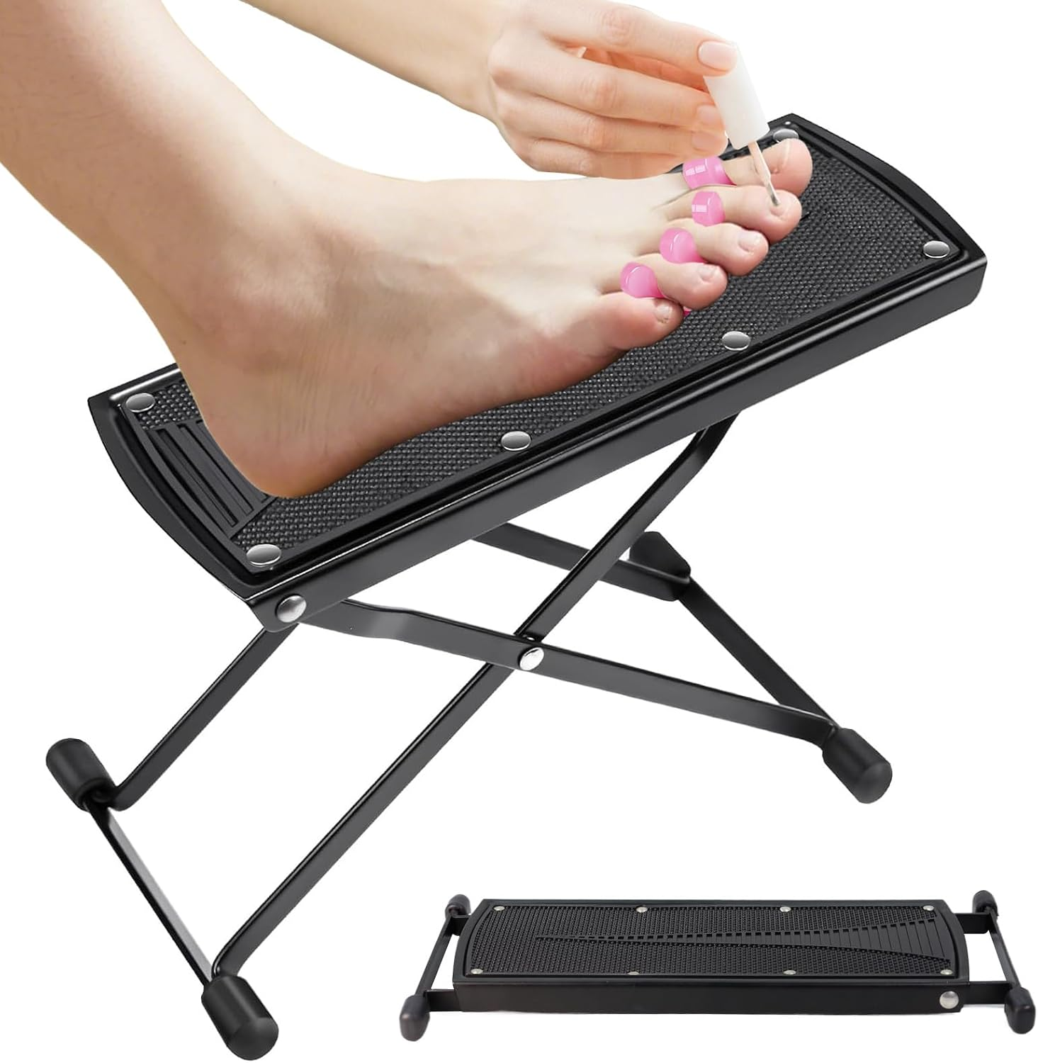 Reposapies Plegable de Metal de 6 Alturas para Pedicura y Salon de Negro
