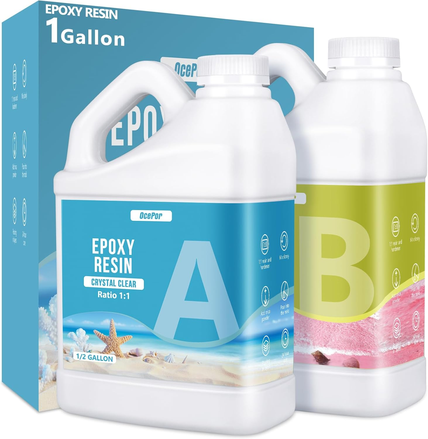 Ocepor Epoxy Resin-1 Gallon, Crystal Clear Epoxy Resin Kit, No Yellowing No Bubble Art Resins Casting Resin for Art Crafts, Jewelry Making, Wood & Resin Molds(0.5 Gallon X 2)