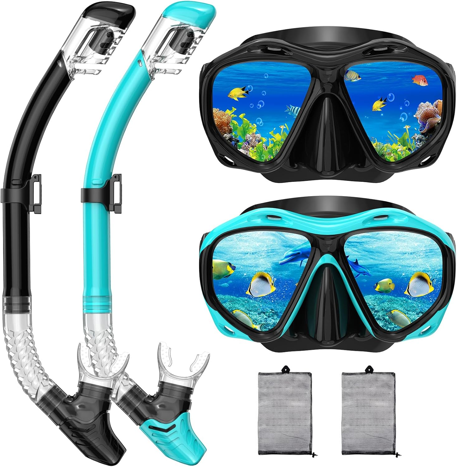 Snorkeling Gear for Adults, Panoramic Wide View Mask Dry Snorkel Set, Leak-Proof and Anti-Fog Snorkel Kit with Mesh Bag