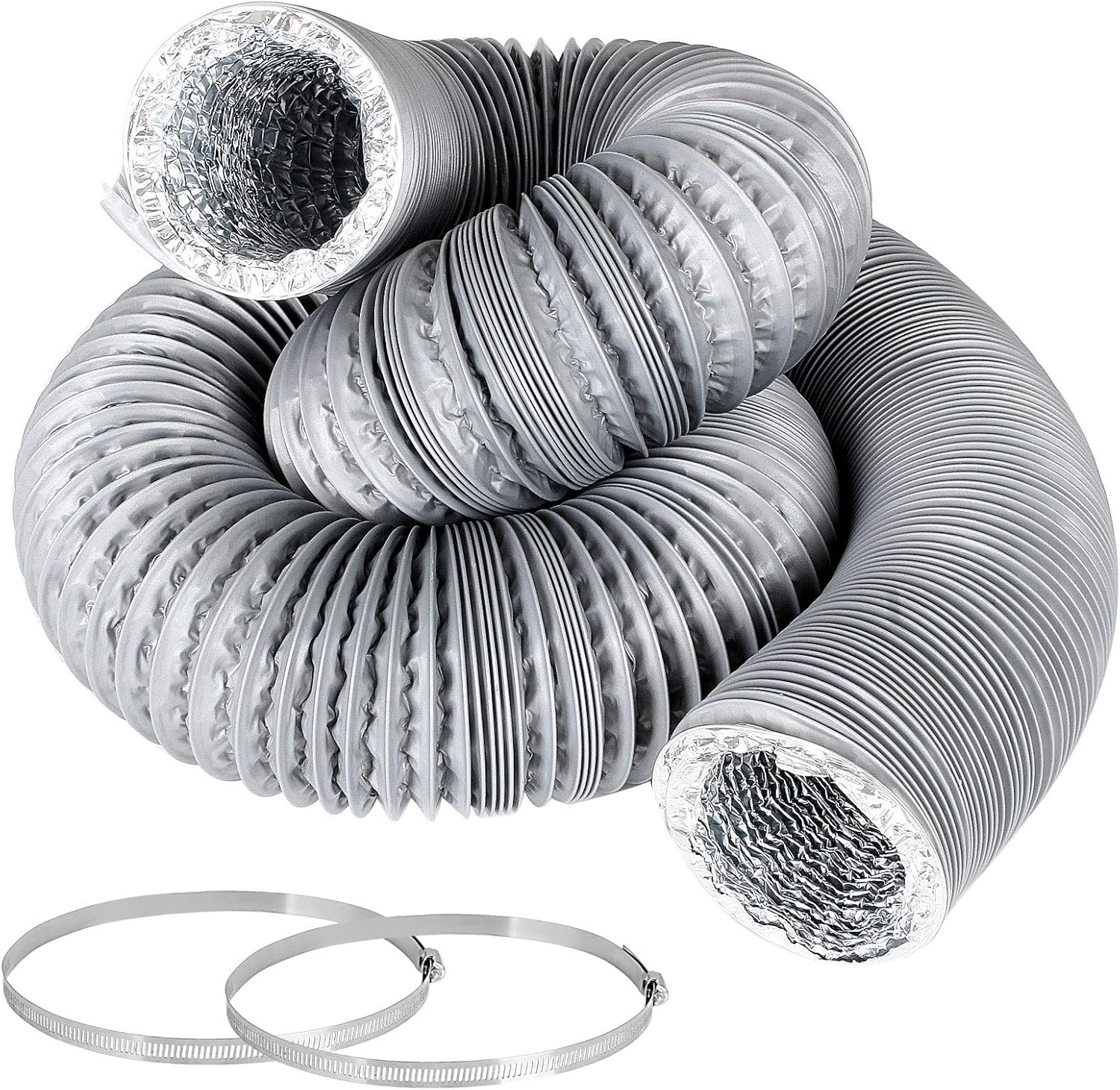 3 Inch 16 Feet Air Duct Flex Air Aluminum Foil Ducting Dryer Vent Hose HVAC Ventilation for Grow Tents, Dryer Rooms, Kitchen, 2 Clamps Included