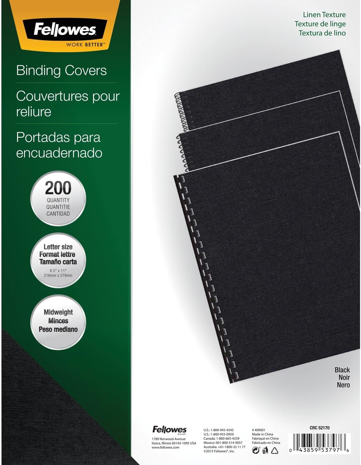 Binding Linen Presentation Covers, Letter, Black, 200 Pack (5217001), Black Linen