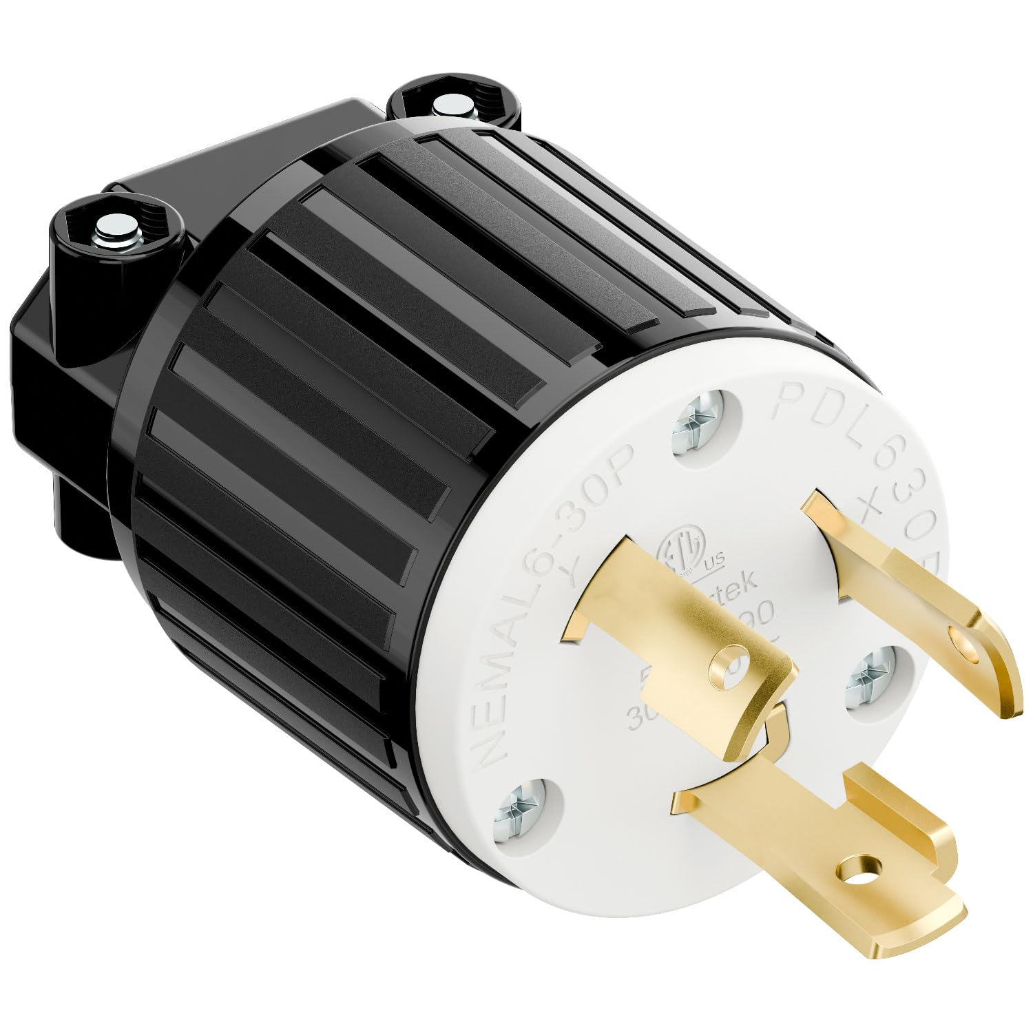 NEMA L6-30P Locking Plug, (ETL Listed) Twist Lock L6-30 30Amp 250Volt Male AC Connector, Industrial Grade 30A 250V Replacement Plugs, T-Shaped Rotated Blade, PDL630P Black/White