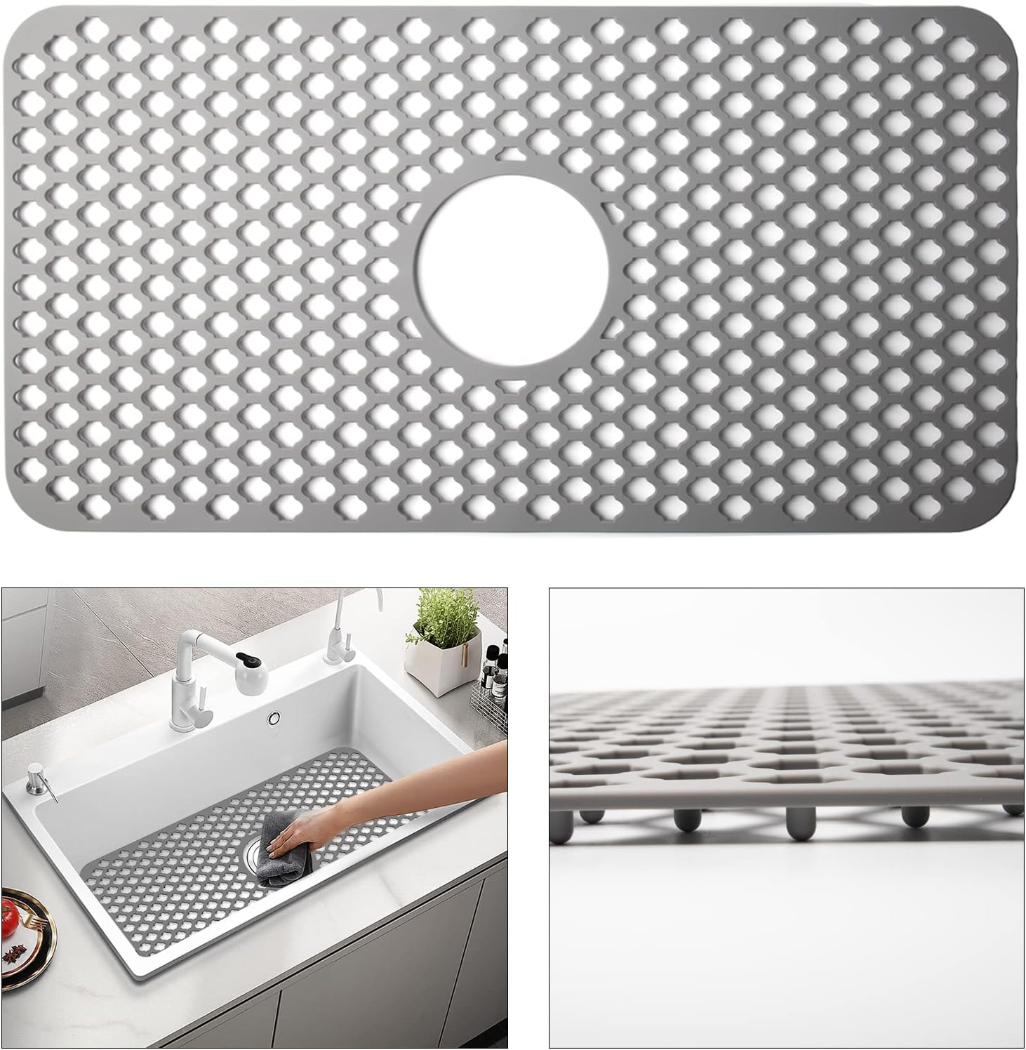 Silicone Sink Mat, 24.6''X 12.9'' Kitchen Sink Protector Grid for Bottom of Center Drain Sink, Gray Non-Slip Heat Resistant Liner for Farmhouse Stainless Steel Porcelain Sink