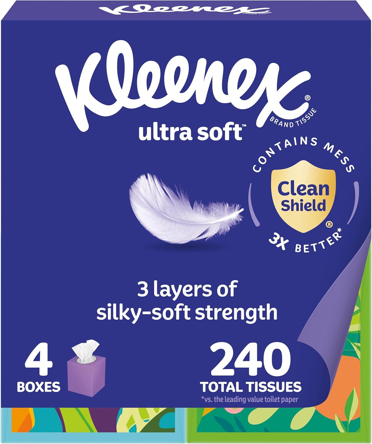 Ultra Soft Facial Tissues, 4 Cube Boxes, 60 Tissues per Box, 3-Ply (240 Total), Packaging May Vary