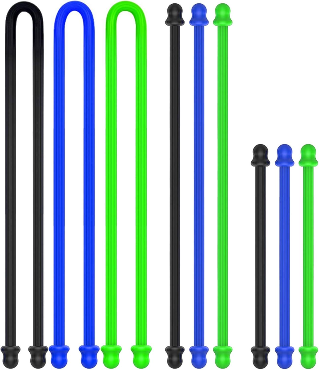 9Pcs 4In, 6In, 12In Silicone Cable Tie, Cord Organizer for Bundling Earphone, Computer Cords, Reusable Straps for Home, Office, Kitchen (3 Sizes and 3 Colors)