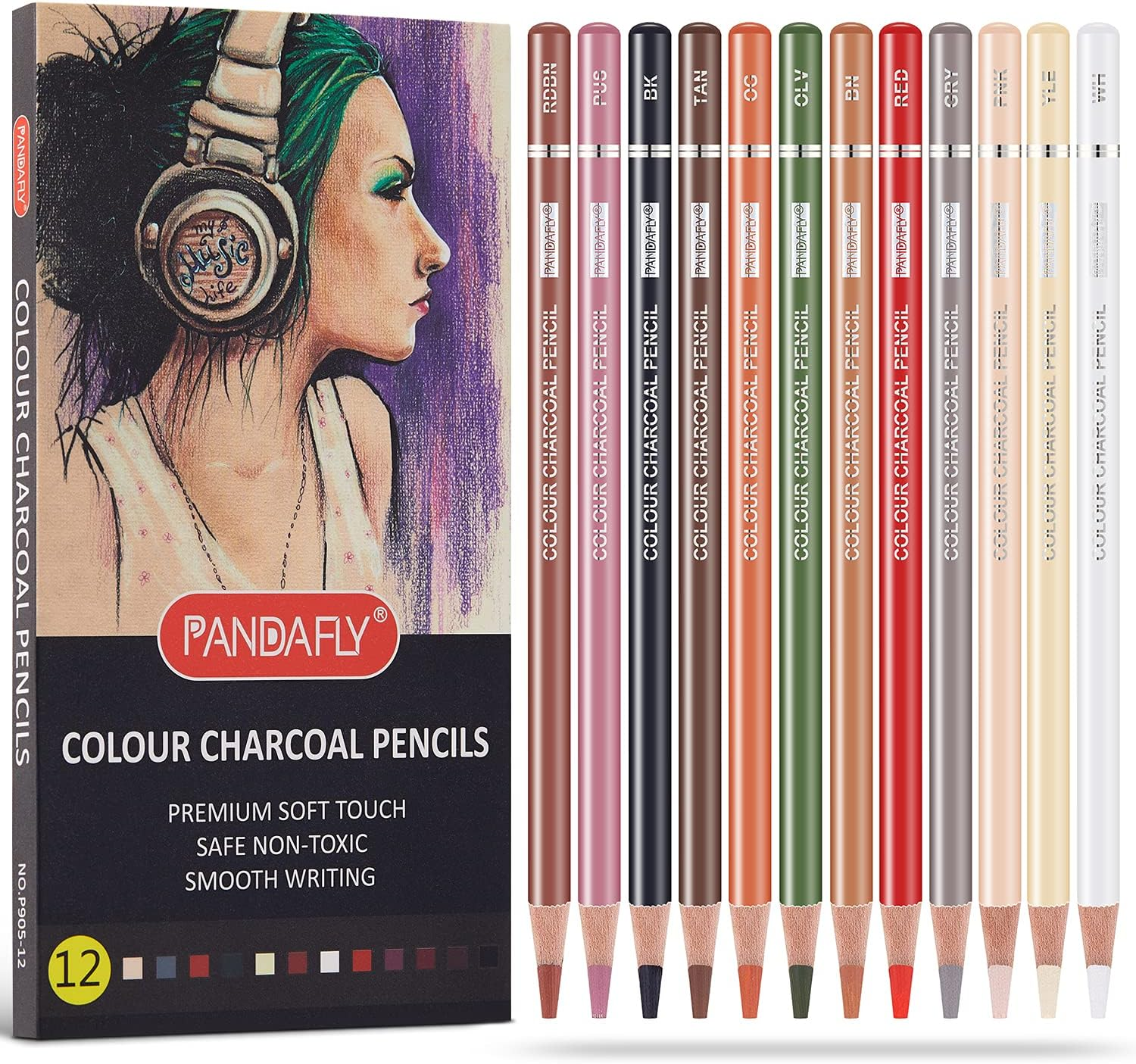 Professional Colored Charcoal Pencils Drawing Set, Skin Tone Colored Pencil, Pastel Chalk Pencils for Sketching, Shading, Coloring, Layering & Blending, 12 Colors