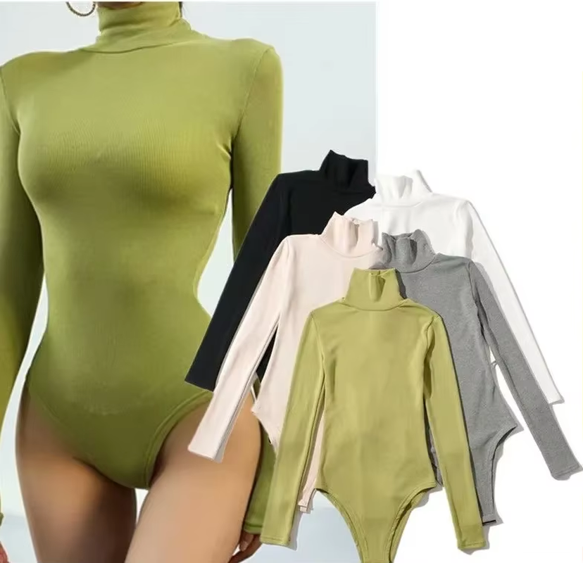 Polyester Spandex One-Piece T-Shirt High Collar Long Sleeves Slim Sexy Elastic Leggings Formal Winter Skinny Hidden Summer