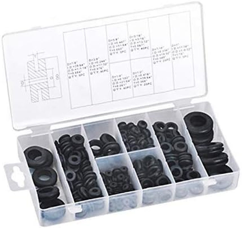180 Pieces Rubber Grommet Assortment Kit Electrical Conductor Eyelet Ring Gasket Assortment Gasket Ring Set for Wire, Plug and Cable, 7/8”, 5/8”, 5/16”, 7/16”, 3/8”, ¼”, ½”, and 1 Inch Sizes