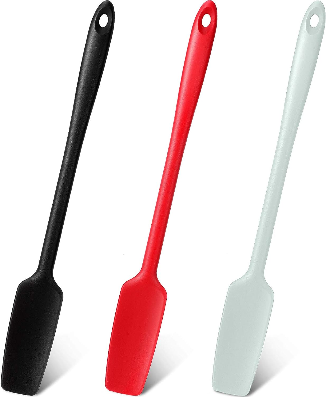 3 Pieces Silicone Jar Spatula Long Handle Rubber Spatula Heat Resistant Non-Stick Silicone Scraper Kitchen with Stainless Steel Core for Baking(Red, Black, Light Green)