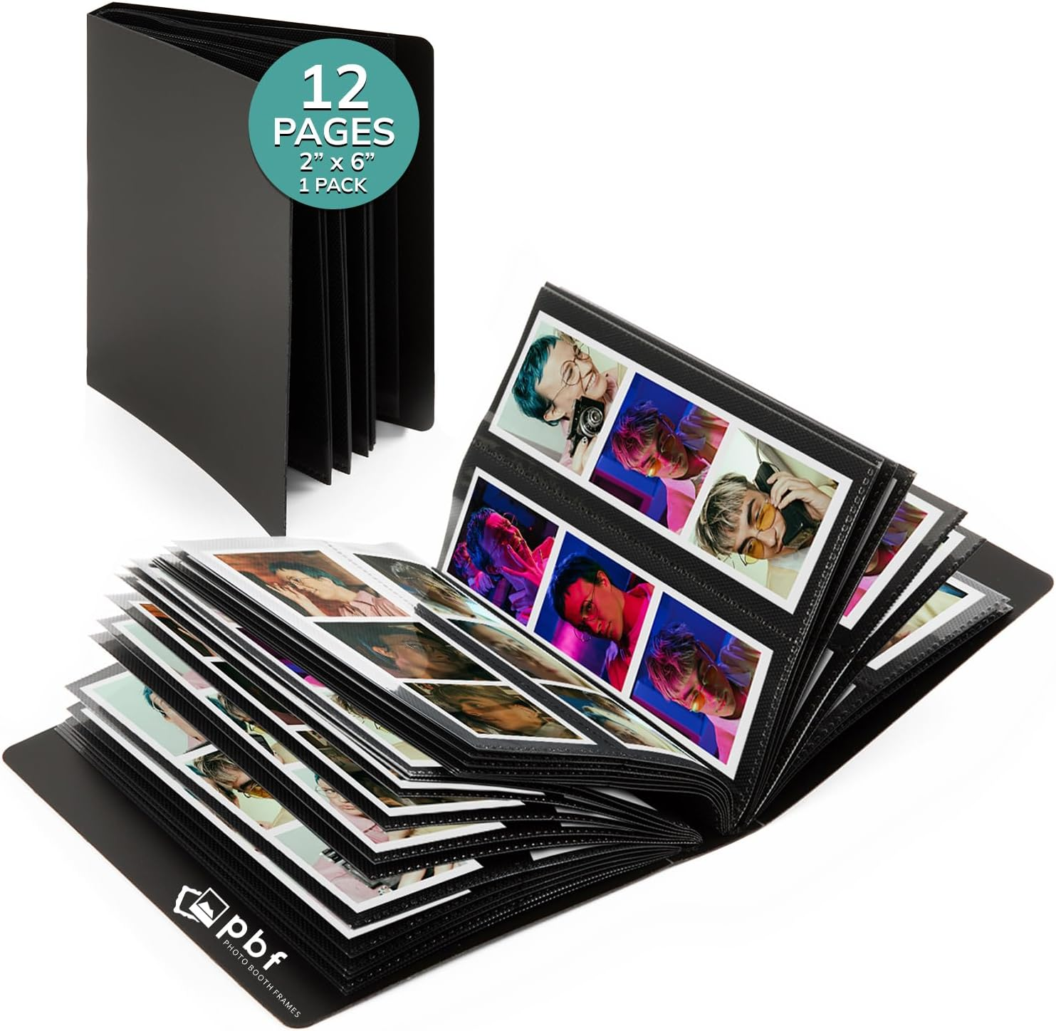 pbf Photo Booth Album | 2x6 Photo Album w/Picture Sleeves | 2x6 Strips Memory Book | Photo Strip Album | Wedding Photo Album for Photo Booth Pictures | 12 Pages, Holds 48 Photos (Black, 1-Pack)