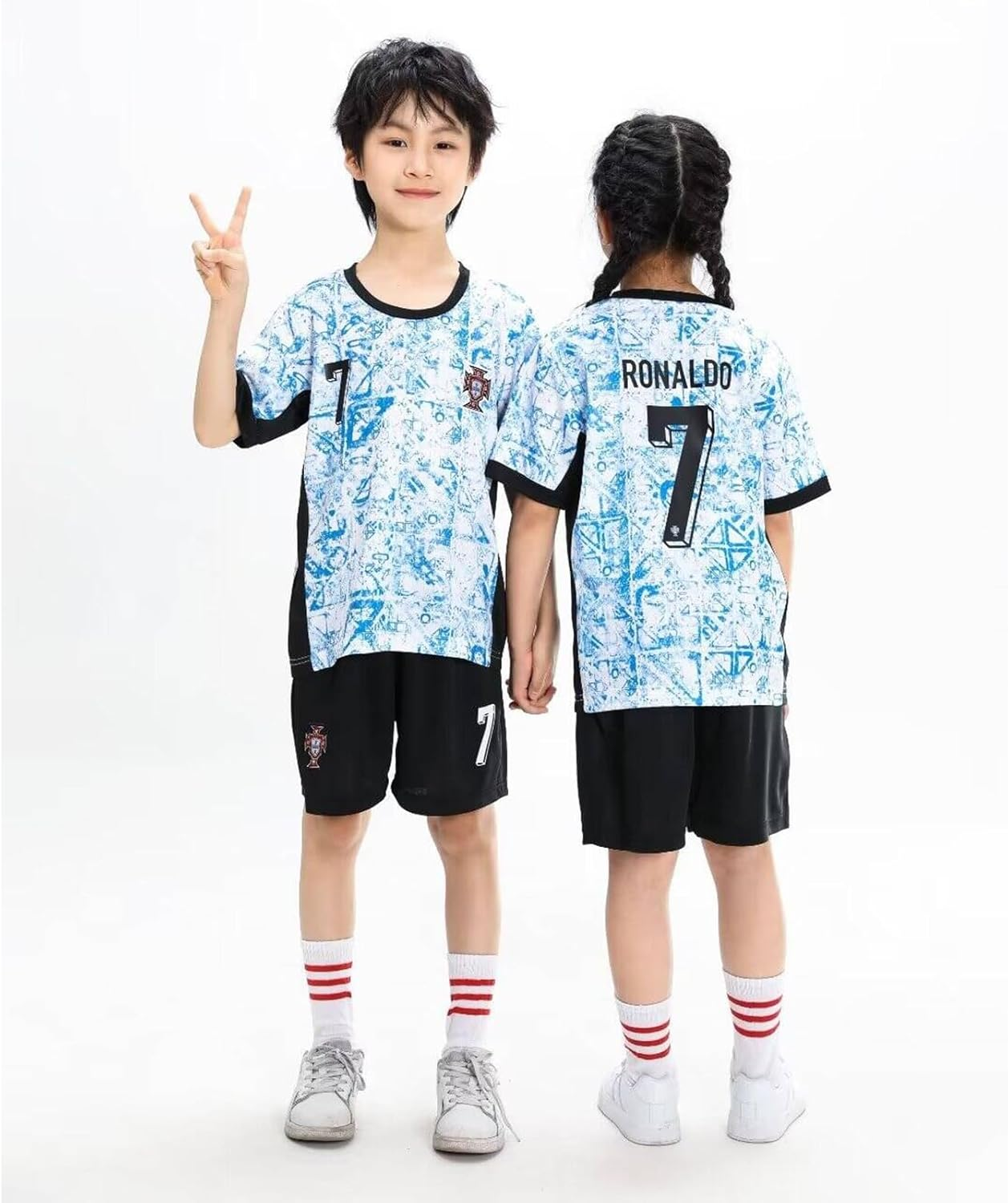 YEESON Youth Kid Soccer Jersey #7, Kids Soccer Jersey Away Portugal Blue Top ... - Picture 8 of 13