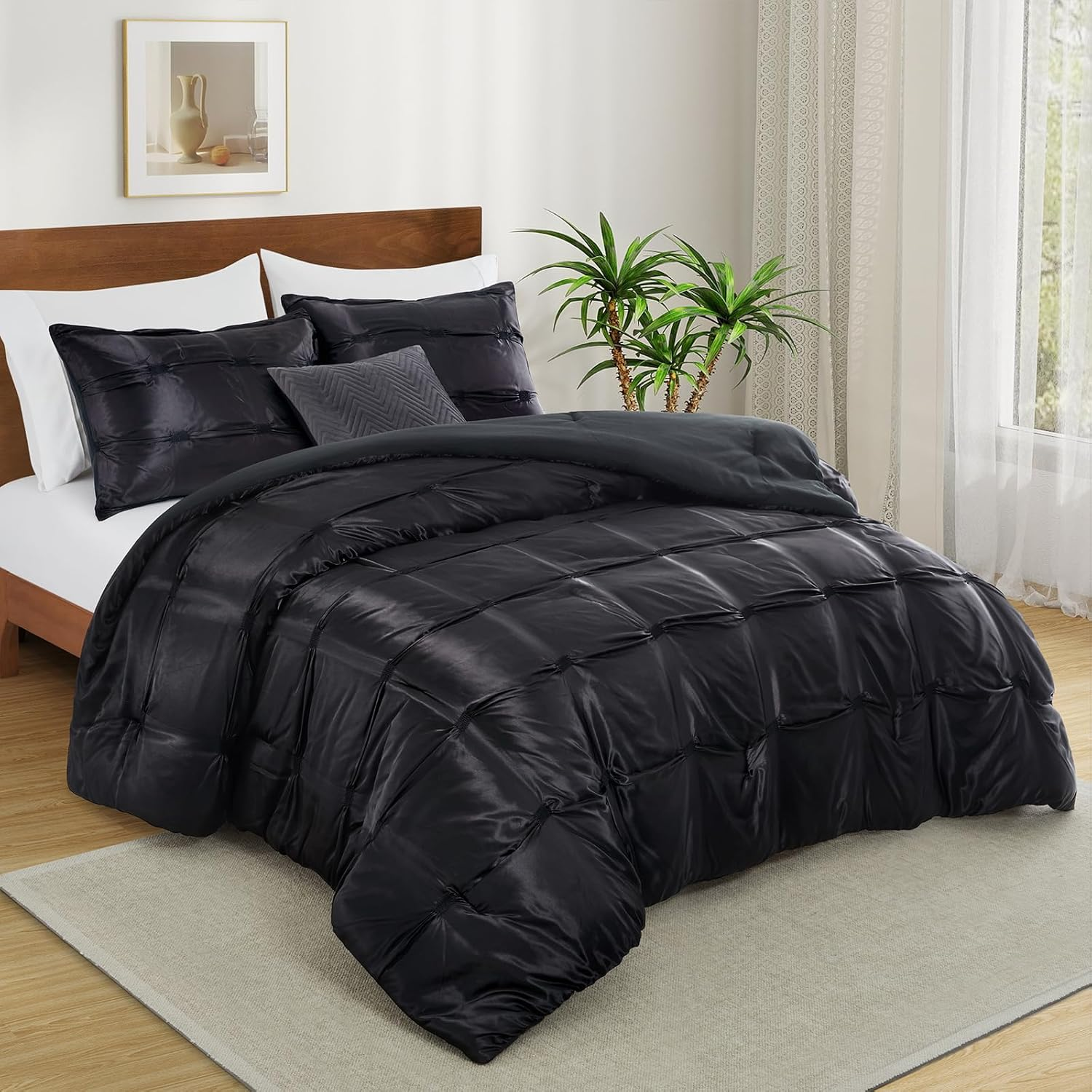 King Size Satin Comforter Set Black, 3 Pieces Soft and Lightweight Silk Bedding, All Season Fluffy down Alternative Comforter Bed Set