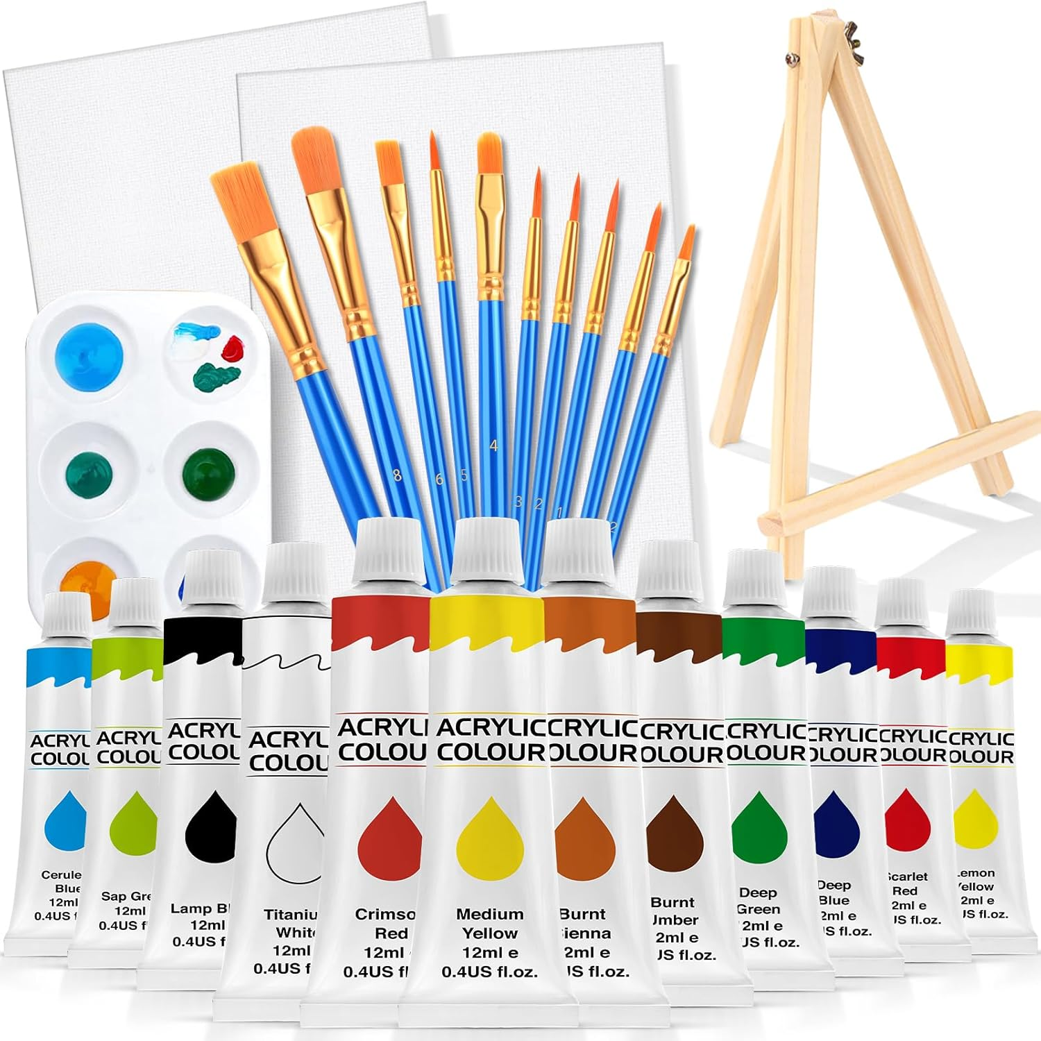 26 PCS Acrylic Paint Set with 12 Colors Acrylic Paints (12Ml, 0.4 Oz), 10 Paint Brushes, 2 Canvas, 1 Wood Easel, 1 Plate, Painting Supplies Kits for Kids, Adults, Artists and Beginners