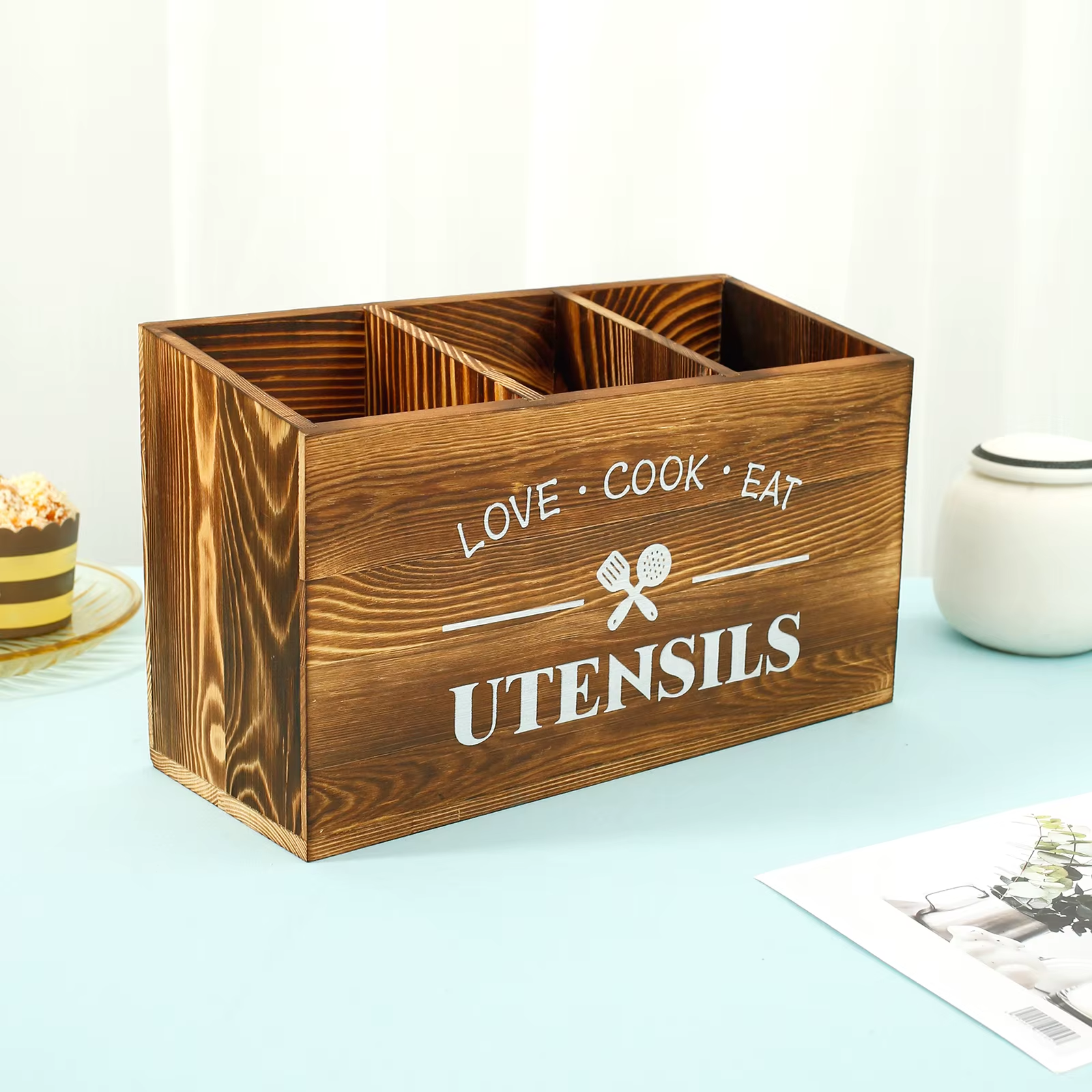 Wood Kitchen Utensil Holder Spoon Fork Tableware Storage Rack Container Large Kitchen Utensil Caddy Organizer Silverware Holder