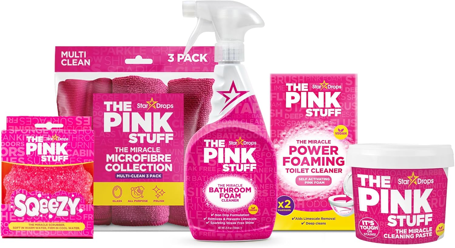 - the Pink Stuff Bathroom Cleaning Kit – Cleaning Paste, Bathroom Foam Spray, Toilet Foaming Powder, Sqeezy Sponge & 3 Microfiber Cloths – Tough on Stains, Grease & Soap Scum