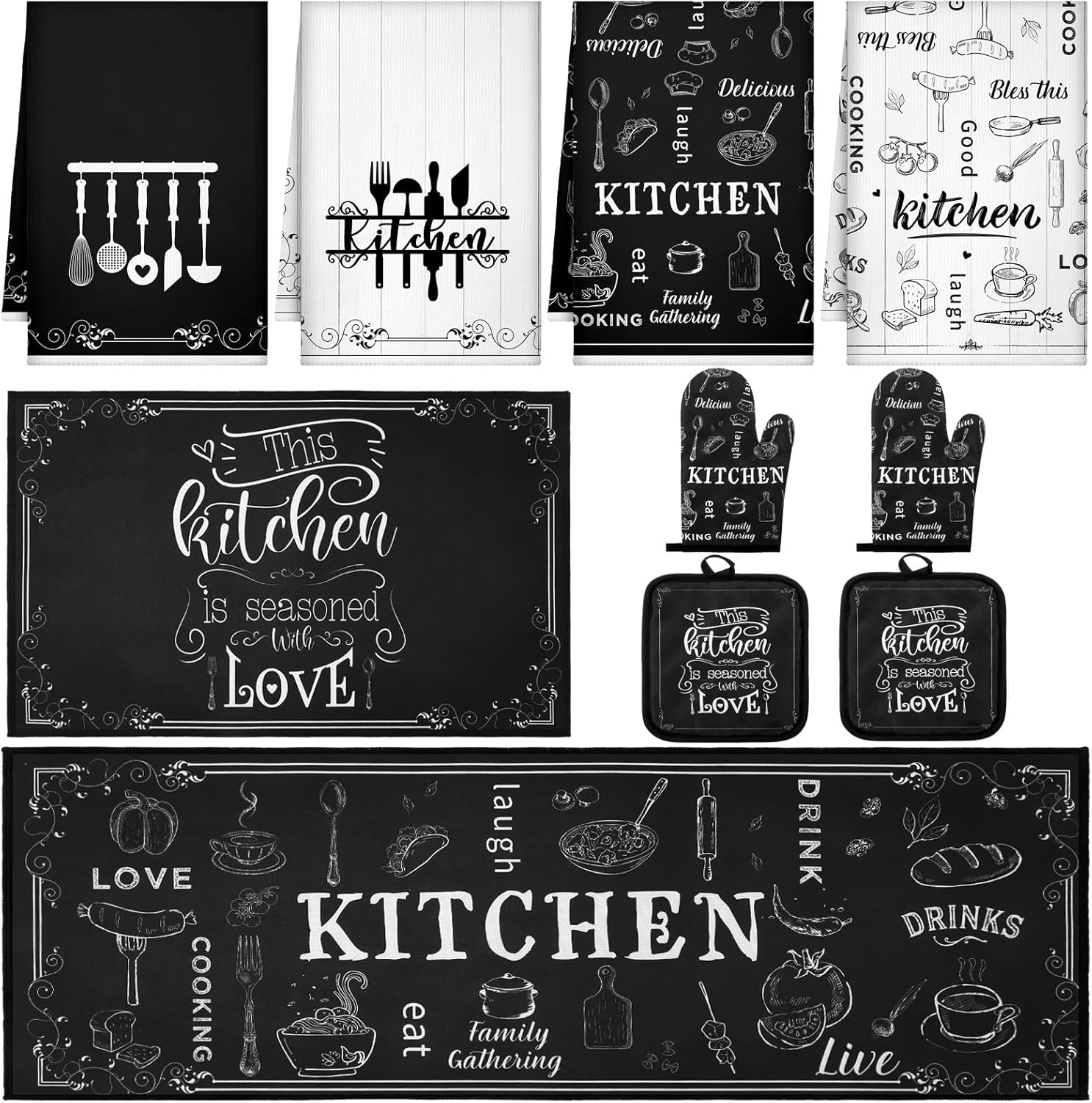 10 Pcs Farmhouse Kitchen Decor Sets, 4 Kitchen Dish Towels 2 Pot Holders 2 Oven Mitts Glove Rustic Black Non Slip Rugs and Mats for Floor Home Decorations Accessories Christmas Mom Gifts