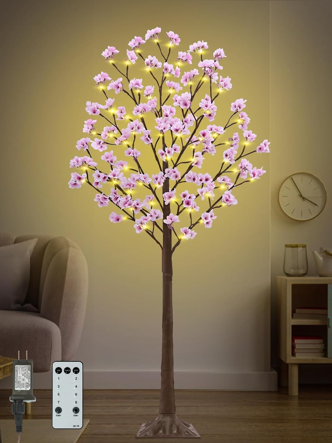 5FT Cherry Blossom Tree with 80 LED Lights, 240 Lush Pink Flowers, Artificial Lighted Cherry Blossom Tree with Remote 8 Modes, Timer for Spring Wedding Party Valentines Indoor Outdoor Decoration