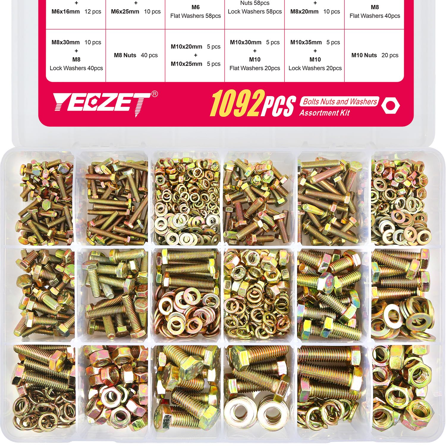 1092Pcs M4 M5 M6 M8 M10 Metric Bolts and Nuts Kit, Grade 8.8 Heavy Duty Bolt Assortment Set, 21 Most Common Sizes