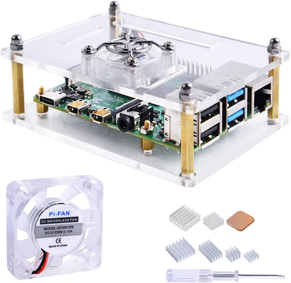 Acrylic Case for Raspberry Pi 4 Model B & Raspberry Pi 3 Model B+, Pi Case with Cooling Fan and 7PCS Heatsinks for Raspberry Pi 4 Model B/Pi 3B+/ Pi 3B/ 2B (Clear)