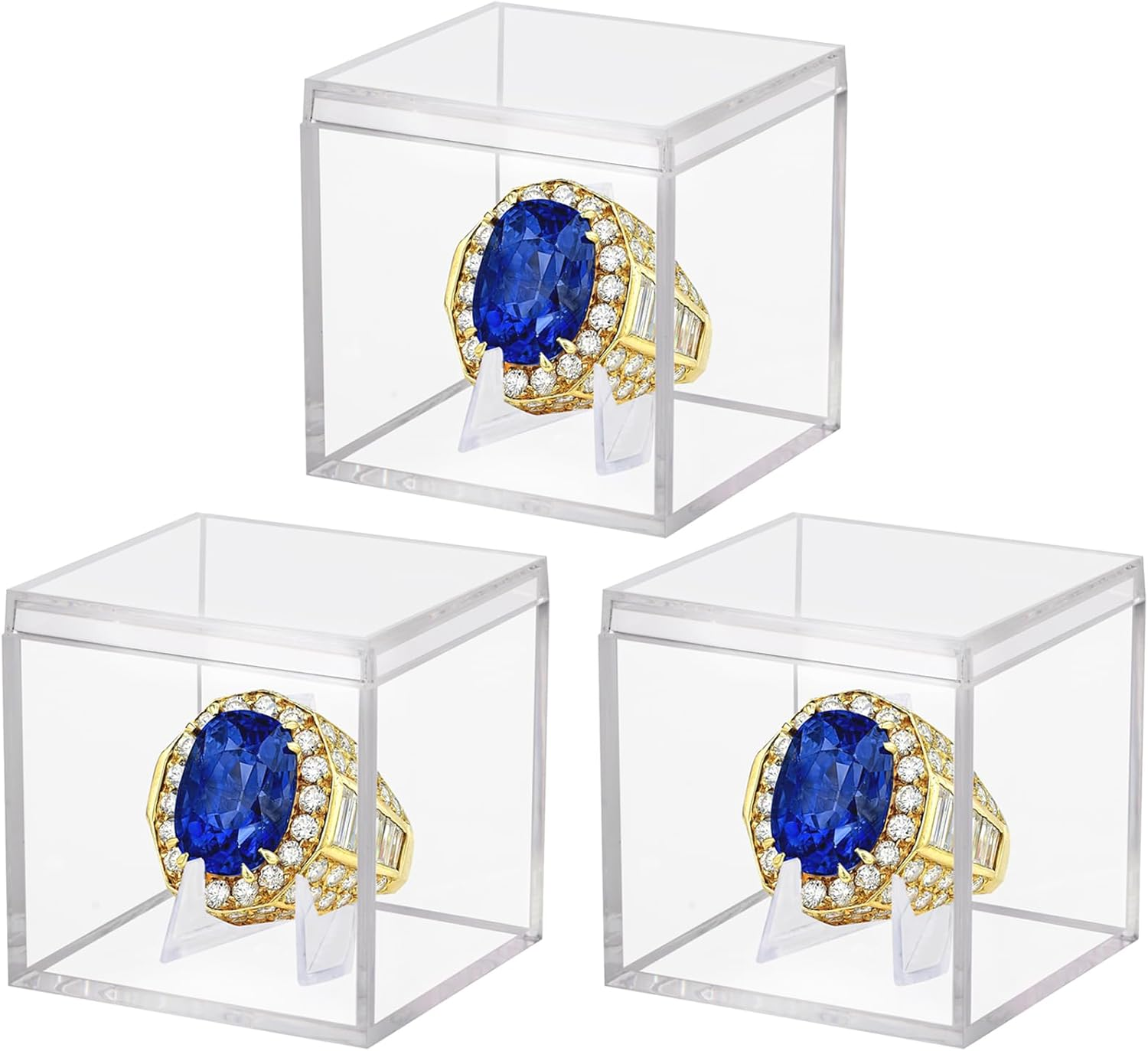 Championship Ring Display Case 3Pcs Clear Acrylic Plastic Baseball Display Case Small Showcase with Mini Card Stand Holder Square Storage Box for Jewelry Sport Ring Candy Box