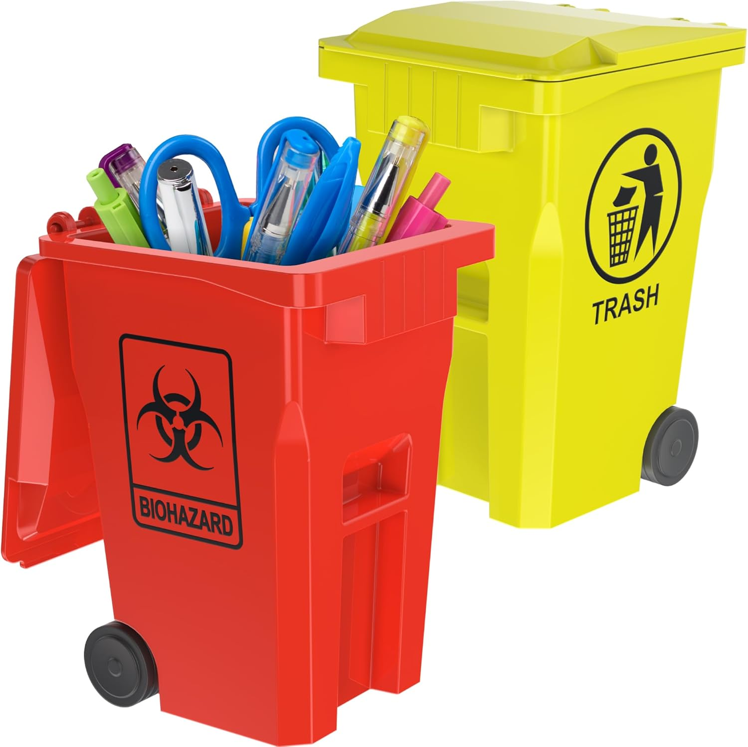 Mini Garbage Trash Pen Holder for Desk and Tiny Recycle Bin Pencil Holder Red & Yellow, Pack of 2 - Storage for Pencil & Pen | Office Stationery to Organize the Desk | Ideal for Student Work