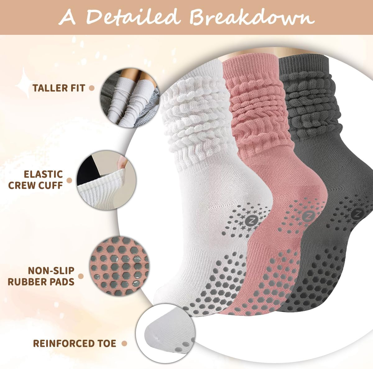 ZANZER (3 Pairs) Scrunch Pilates Grip Socks for Women, Yoga Slouch Socks with... - Picture 5 of 13