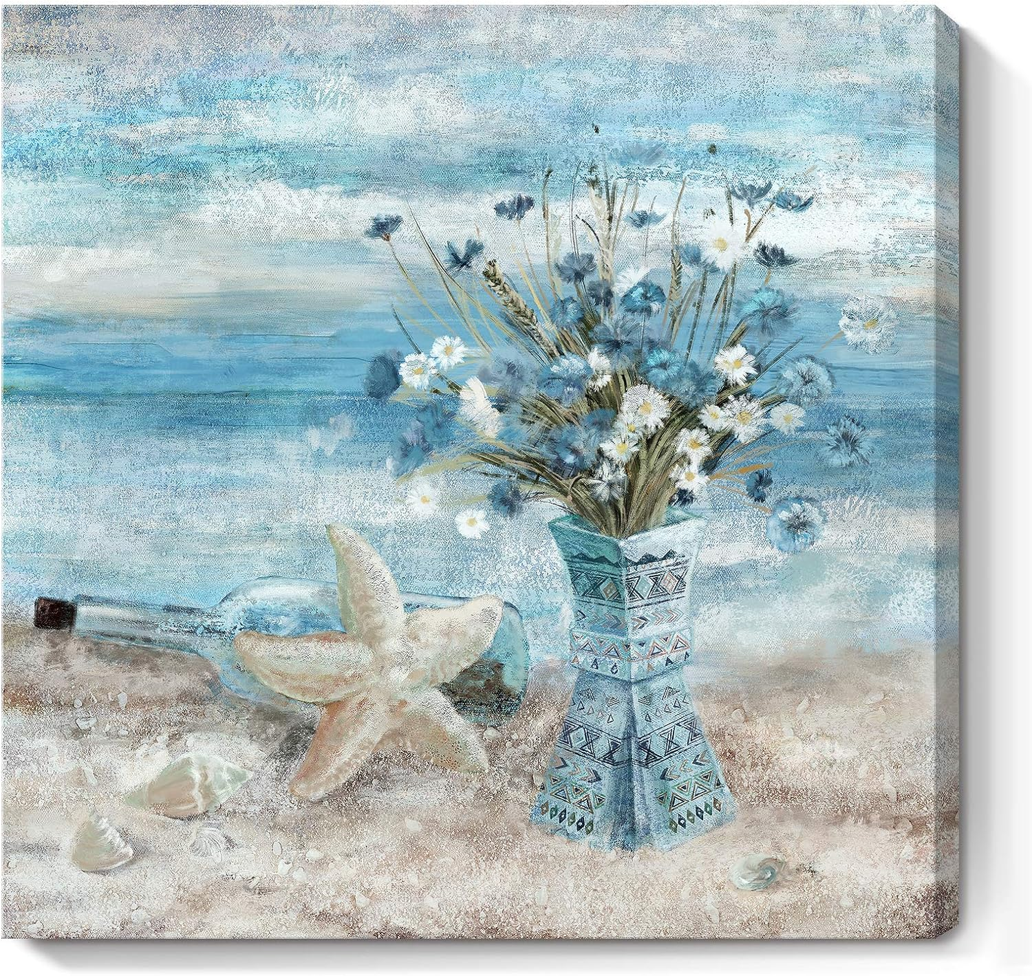 Bathroom Decor Wall Art Blue Beach Picture Ocean Theme Flower Canvas Print Modern Coastal Seascape Painting Framed Seaside Artwork Floral Daisy in Indian Vase for Home Sea Lake Bedroom 14X14Inch