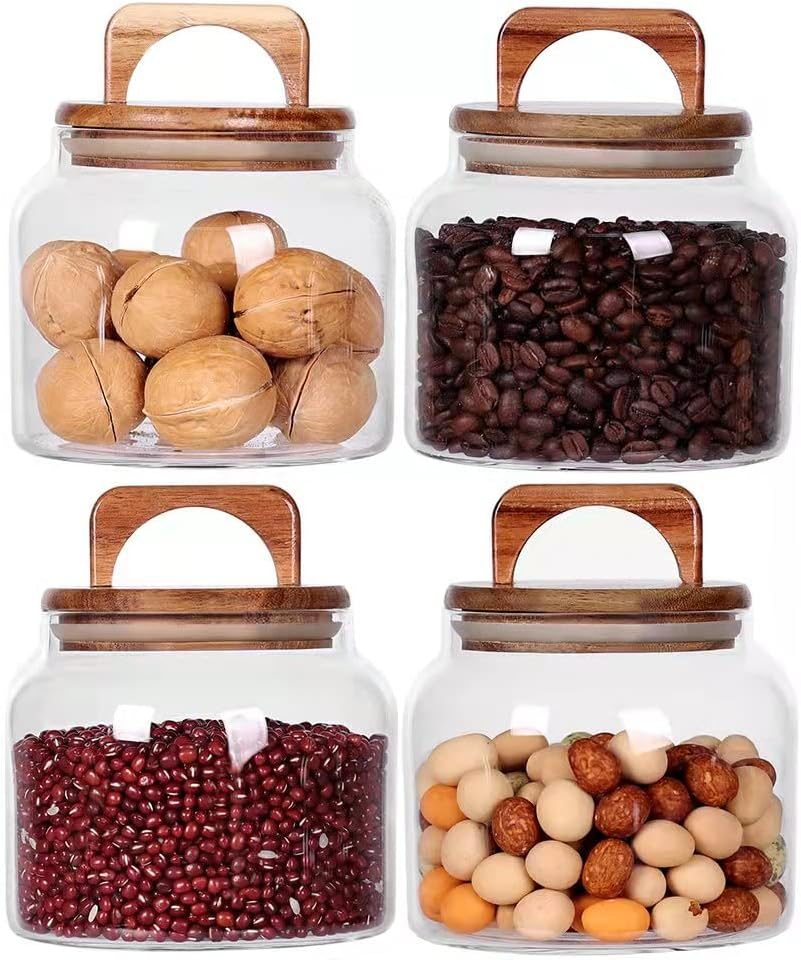 SAIOOL Glass Jars with Airtight Lid [Set of 4],Kitchen Canisters, Borosilicate Storage Containers,Retro Design, Jars for Candy,Cookie,Rice,Sugar,Flour, Flour,Pasta,Nuts and Spice Jars