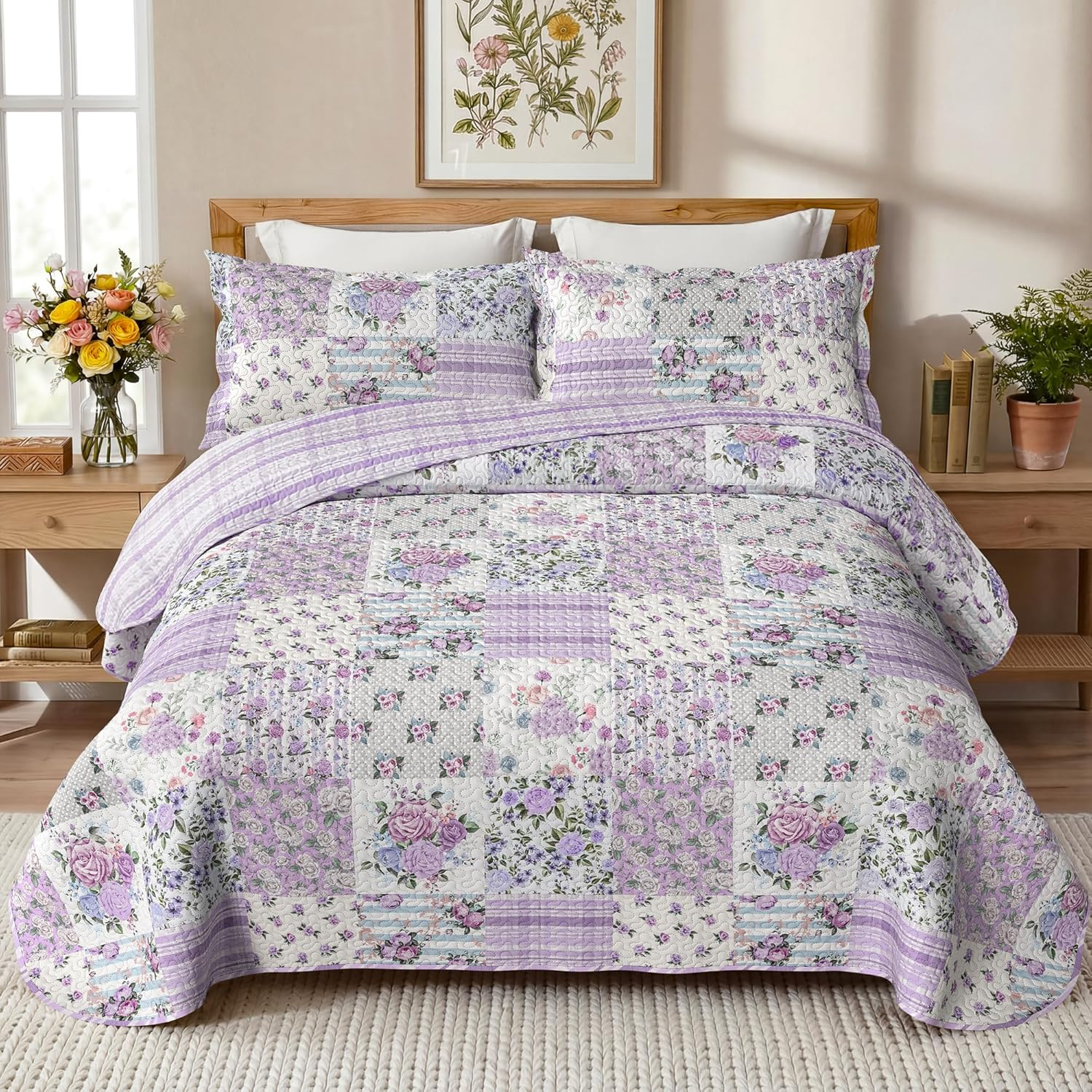 Purple Patchwork Queen Quilt Floral Queen Size Quilt 3 Pieces Full Bedding Set Reversible Soft Lightweight Bedspread Coverlet for All Season, 90"X96" (1 Quilt, 2 Pillow Shams)