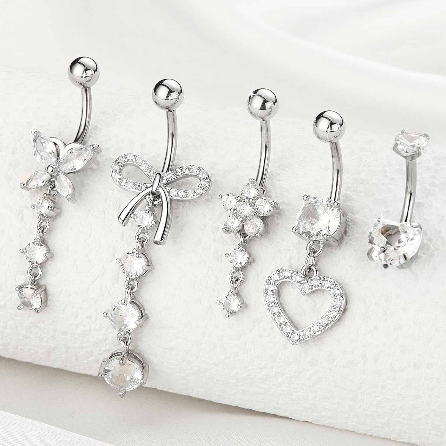 5PCS Belly Button Rings 14G Steel CZ Heart Bow Butterfly Set