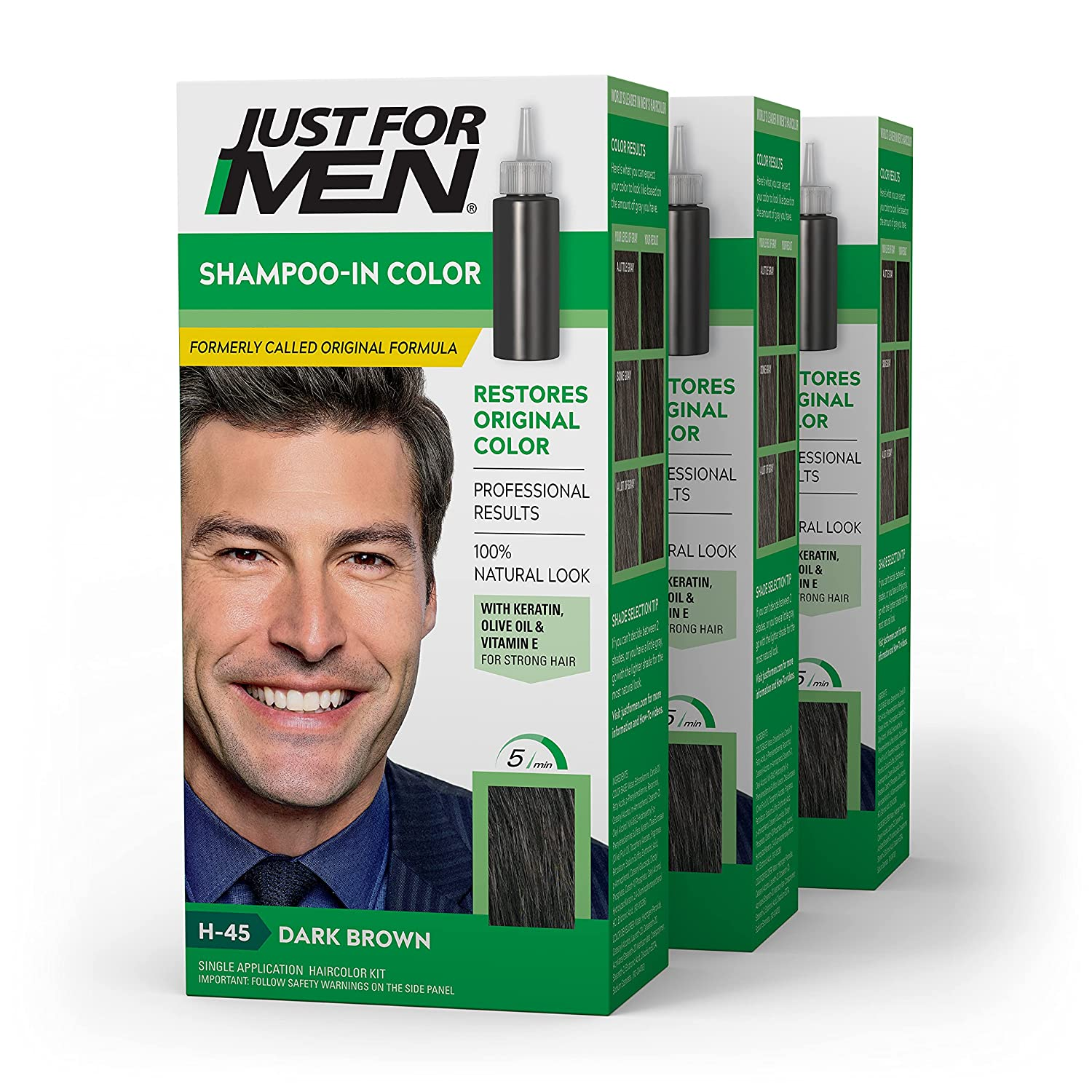 Just For Men Shampoo-In Color (Dark Brown, H-45), Pack of 3 - Mens Hair Color with Keratin and Vitamin E for Stronger Hair