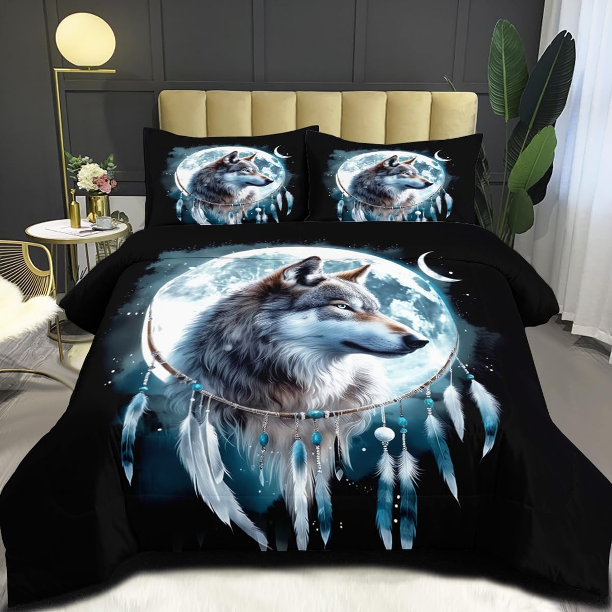 Wolf Comforter Set King Size, Wolves Moon Bedding Set, Dream Catcher & Animal Pattern on Black Bedding, Western Boho Tribal Comforter Soft Microfiber down Quilt 3 Pieces