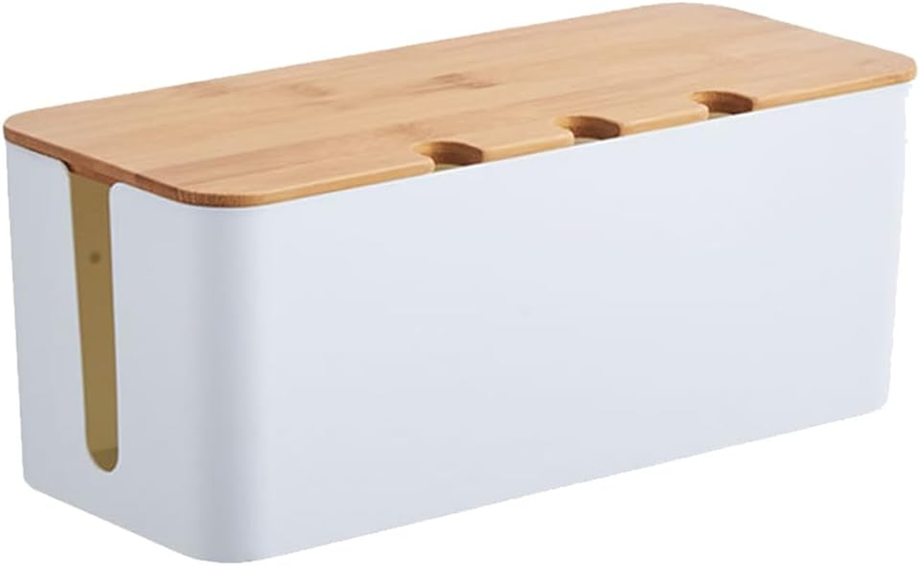 Cable Management Box, Bamboo Cord Organizer Box, Wire Concealer Organizer | Desktop Power Strip Hider Storage Case with 3 Cable Exit Holes for Home Office, Desk & TV Stand (White)