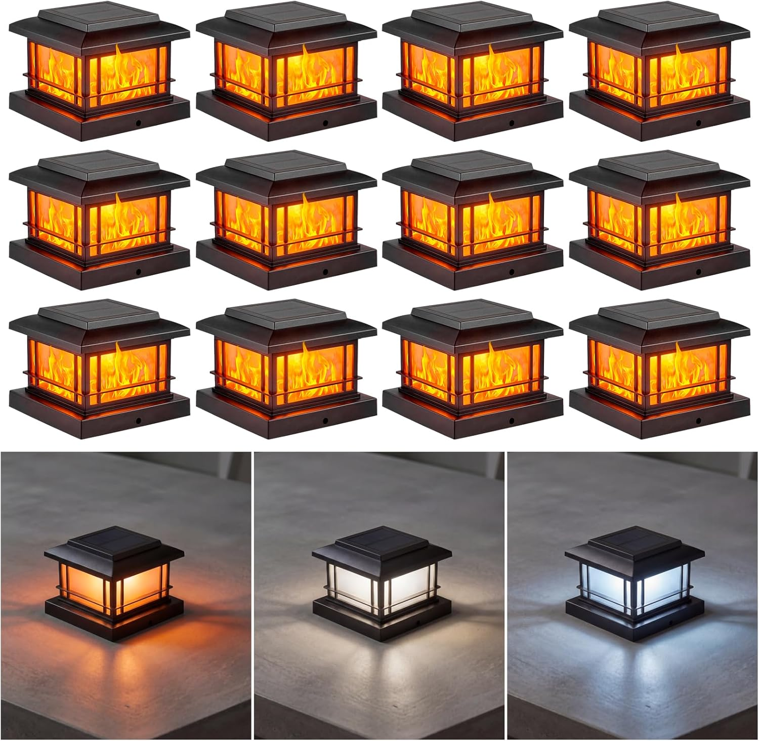 Flickering Flame Solar Post Cap Lights Outdoor, Black Post Lights with 3 Color Temperature, Fits 3.5" 4" 4.5" 5" Wood/Vinyl Posts, IP64 Waterproof Fence Deck Lights for Garden Patio Yard 12Pack