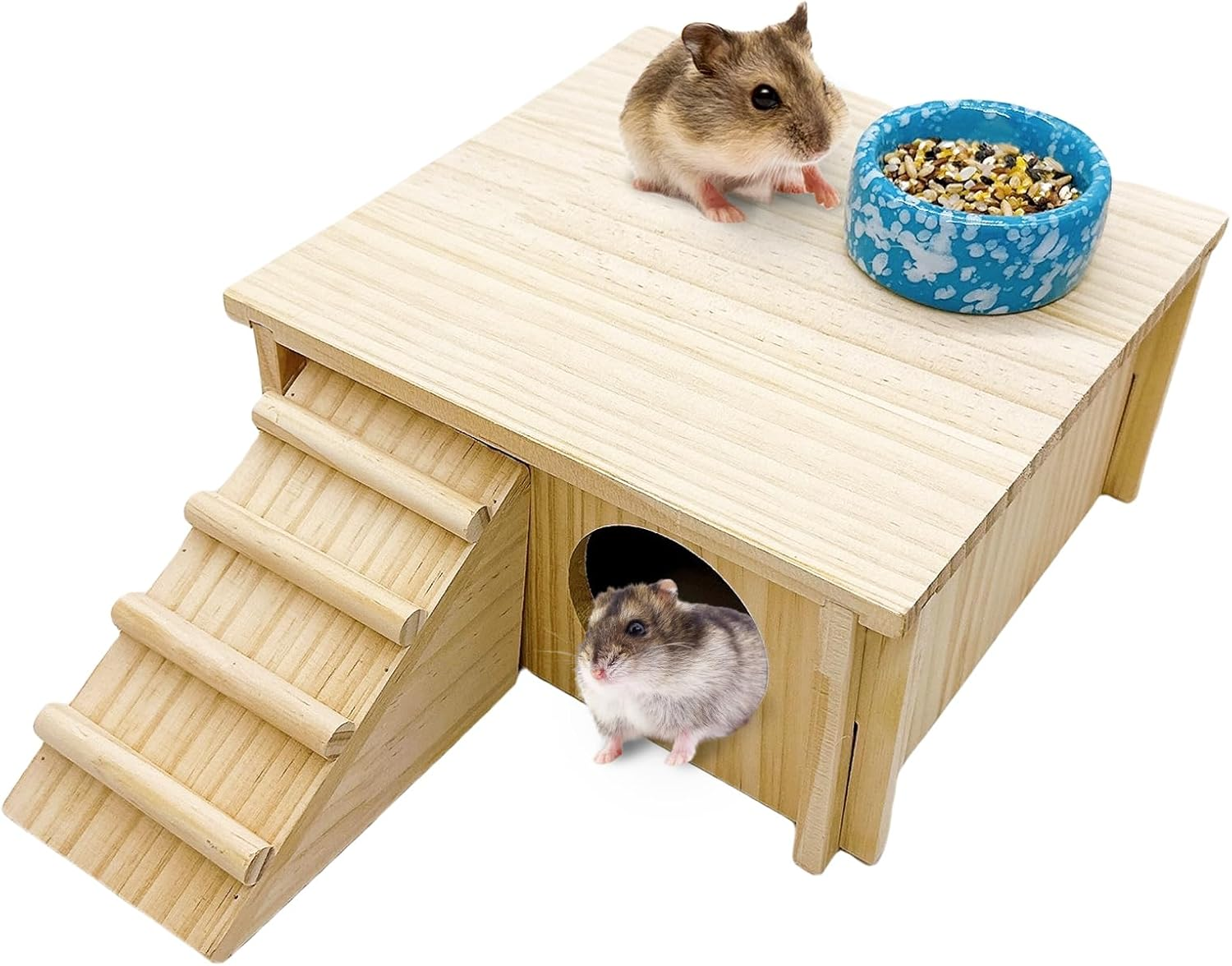 Wooden Hamster Hideout Gerbil House with Climbing Ladder and Window Habitats
