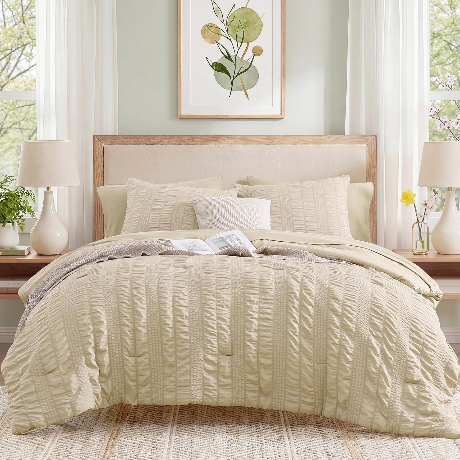 King Size Comforter Set, 7 Pieces Beige Seersucker Bed in a Bag King Soft All Seasons, King Bedding Sets with Comforter, Flat Sheet, Fitted Sheet, 2 Pillow Shams, 2 Pillowcases