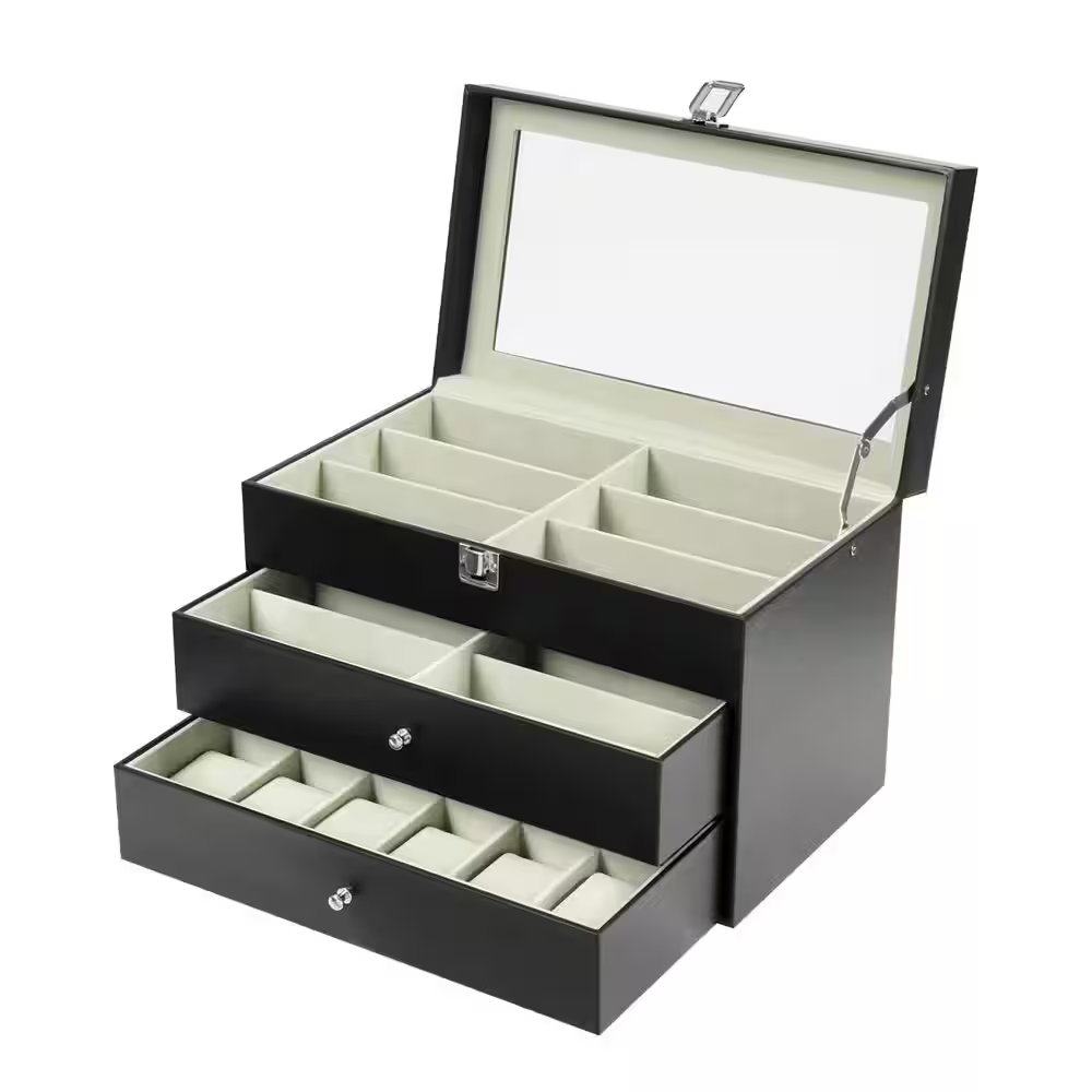 Black MDF 12-Watches and 12-Glasses Organizer Display Box with Metal Buckle