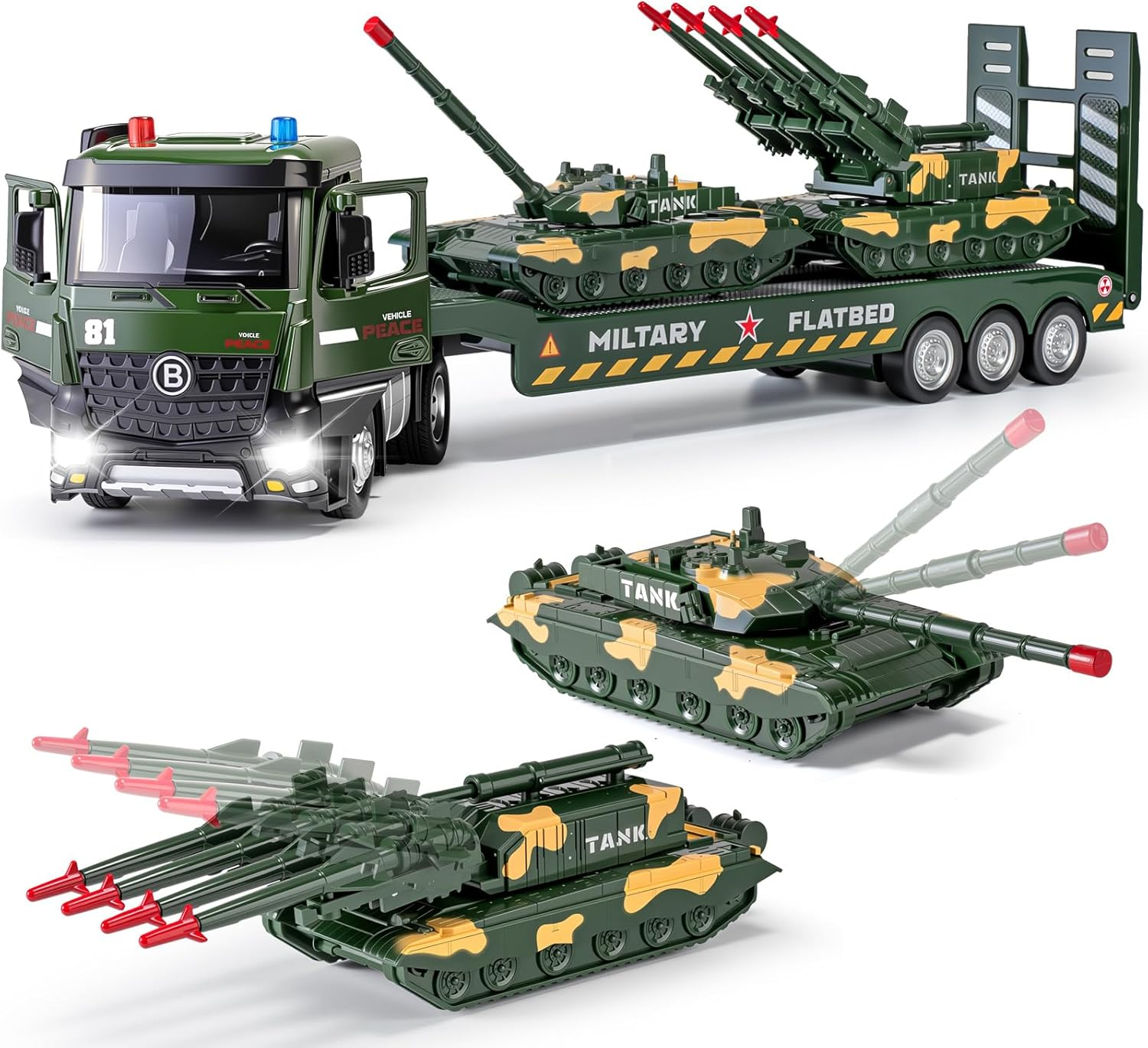 Green Military Big Truck Set Metal Cab, Semi Truck with Trailer, Tank, Missile Tank, Die-Cast Army Vehicles Toys with Lights & Sounds, Ideal Gift for 3 4 5 6 7 Years Old Boys Kids Toddlers