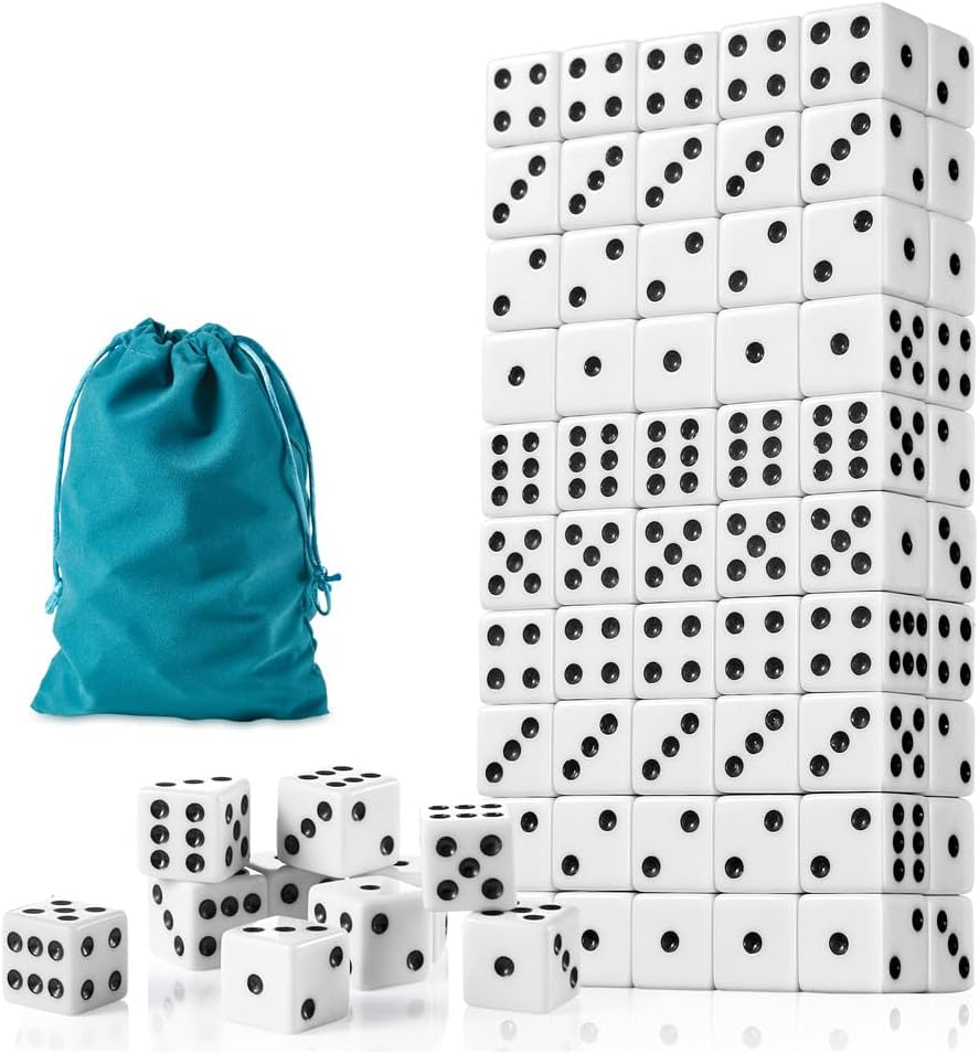 100 Pieces Premium 16mm Standard Game Dices Opaque Six-Sided Dice with Pouch