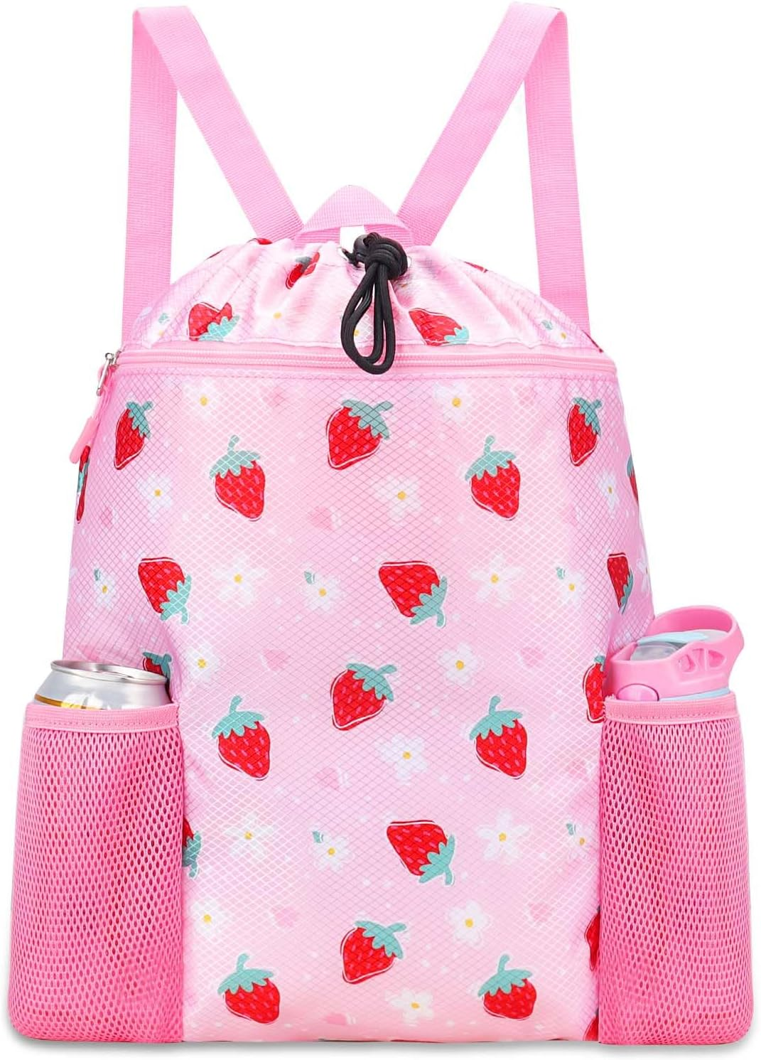 Strawberry Swim Bags for Kids - Drawstring Backpack for Girls Beach Swimming Pool Lightweight Draw String Bags Waterproof Sports Gym Bag With Two Water Bottle Holder