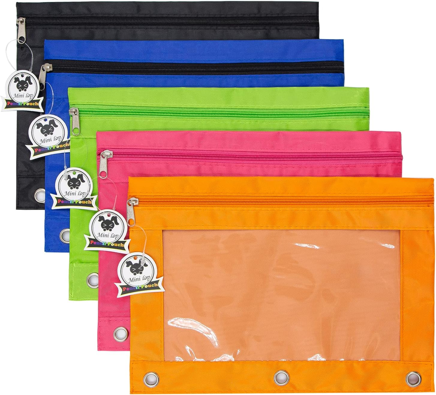 3 Ring Binder Pencil Pouches, Pencil Pouch for 3 Ring Binder, Zippered Clear Window Pencil Case for Binder with Rivet Enforced Hole 3 Ring, 5 Packs