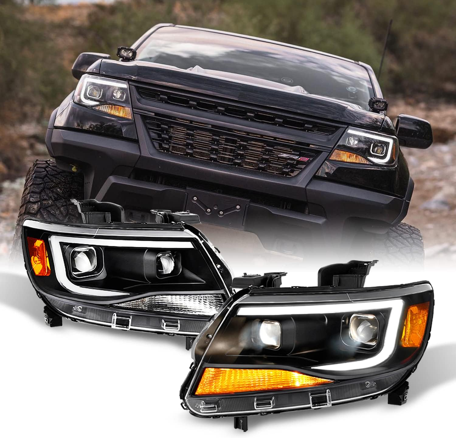 - for [Black] 2015-2022 Chevy Colorado Frost White LED DRL Dual Square Projector Headlights Pair Set