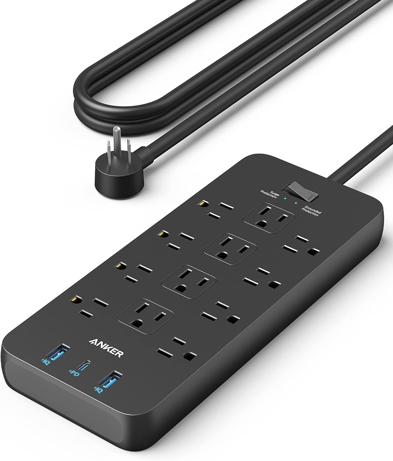 Surge Protector Power Strip (2100J), 12 Outlets with 1 USB C and 2 USB Ports foriPhone 15/15 Plus/15 Pro/15 Pro Max, 5ft Extension Cord, Flat Plug, 20W USB C Charging for Home, Office,TUV Listed