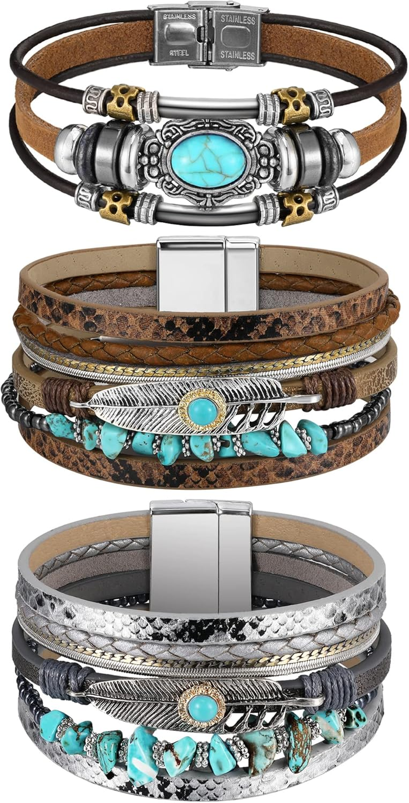 3 Pcs Western Jewelry for Women Turquoise Bracelet Native American Jewelry Western Gift for Women Silver Bohemian Turquoise Cuff Bracelets