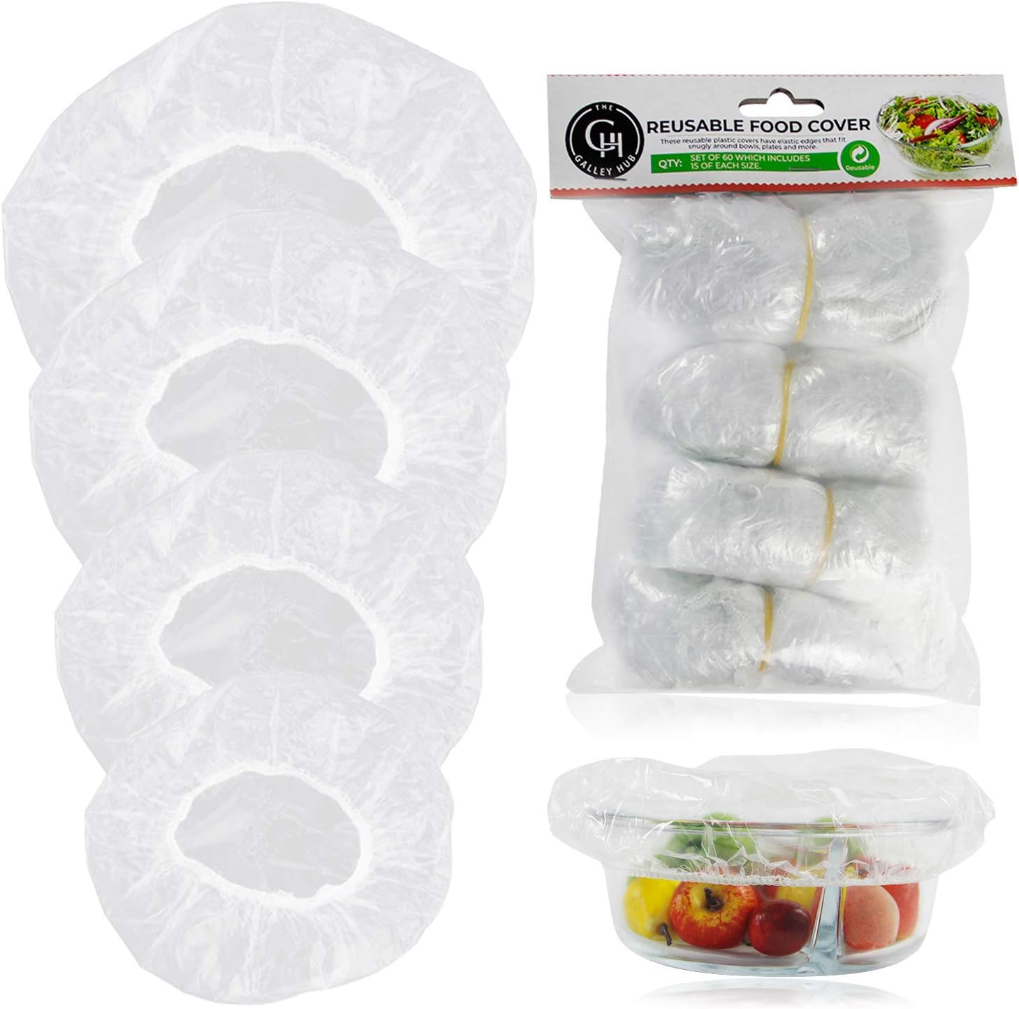 Elastic Food Storage Covers, 60 Reusable Plastic Bowl Covers, Fitted, Transparent, 4 Sizes (7.8In, 9.8In, 11.8In, 13.8In)