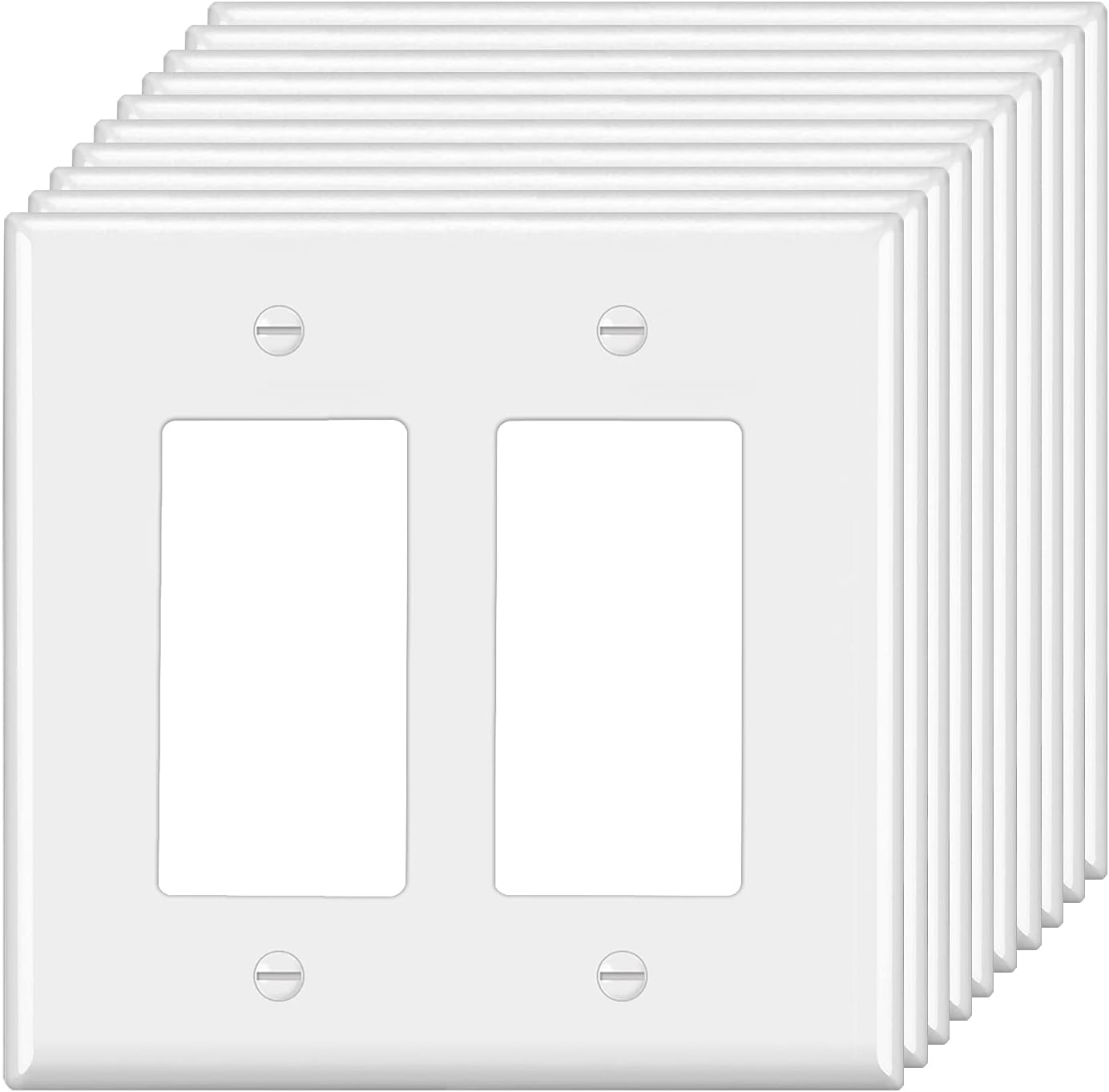10 Pack 2-Gang Decorator Wall Plate, Double Decor Receptacle Outlet Cover, Unbreakable Polycarbonate Light Switch Cover, cUL Listed Standard Size Faceplate, White